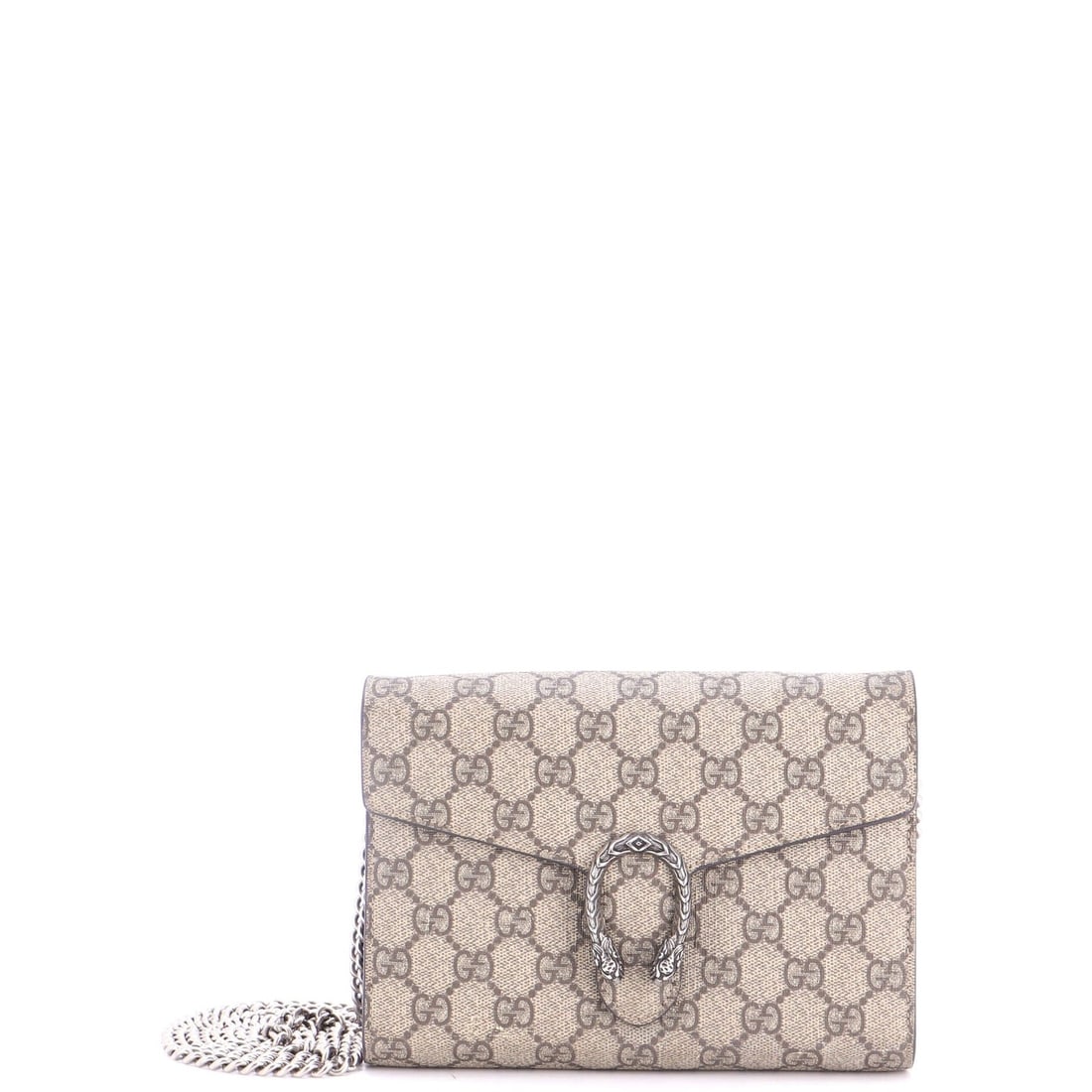 Gucci Dionysus Chain Wallet Coated Canvas Small: Gucci Dionysus Chain Wallet Coated Canvas Small Small Gucci Dionysus Chain Wallet Coated Canvas Bag in Brown, Measuring 6" Height x 7.5" Width x 2.5" Depth, Features a Cross Body Design with a 23"