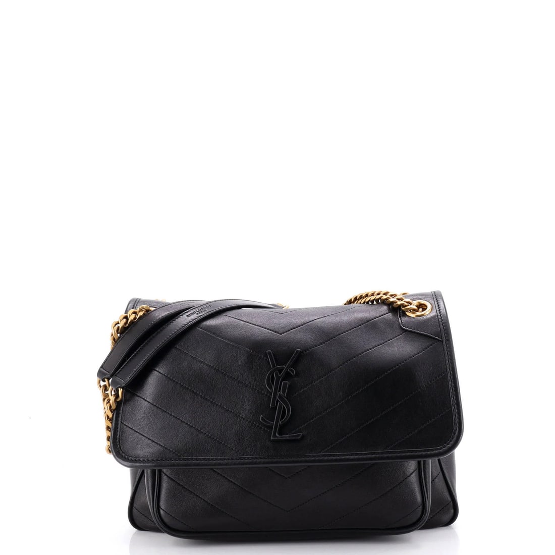 Chain Flap Bag Leather Medium Saint Niki Laurent: Chain Flap Bag Leather Medium Saint Niki Laurent Chain Flap Bag Leather Medium Saint Laurent Niki. This black leather medium shoulder bag features a chain flap closure and aged gold hardware. With