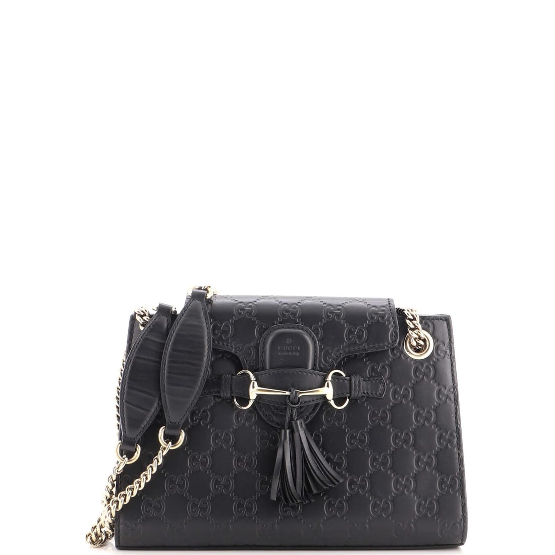 Chain Flap Bag Small Leather Emily Gucci Guccissima Shoulder: Chain Flap Bag Small Leather Emily Gucci Guccissima Shoulder Small Leather Chain Flap Shoulder Bag from Gucci's Guccissima Collection, featuring a sleek black exterior with a gold tone chain flap. Thi