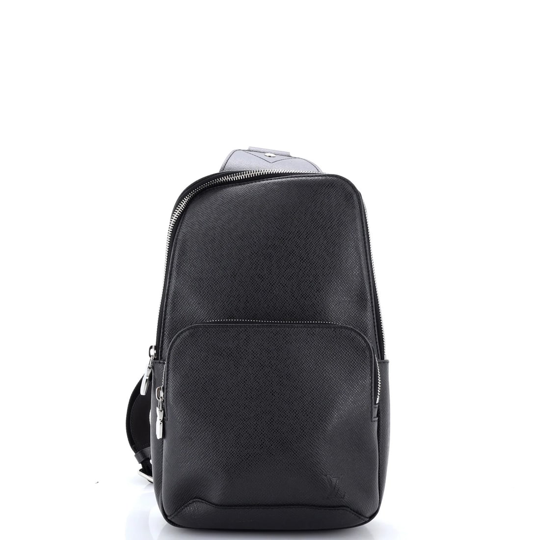 Leather Taiga Sling Bag Vuitton Louis Avenue: Leather Taiga Sling Bag Vuitton Louis Avenue Black leather Louis Vuitton Avenue Sling Bag with silver hardware, featuring a classic cross-body design and sturdy straps. The bag has a worn exterior wit