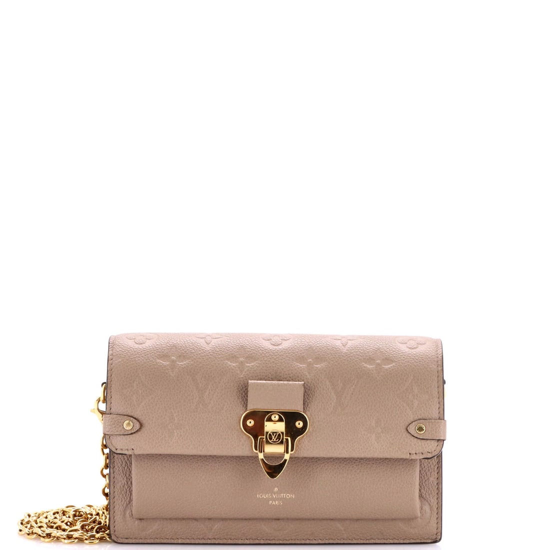 Vuitton Louis Chain Wallet Monogram Leather Empreinte Vavin NM: Vuitton Louis Chain Wallet Monogram Leather Empreinte Vavin NM The Vuitton Louis Chain Wallet Monogram Leather Empreinte Vavin NM is a unique, neutral-toned cross body bag featuring a signature Louis 