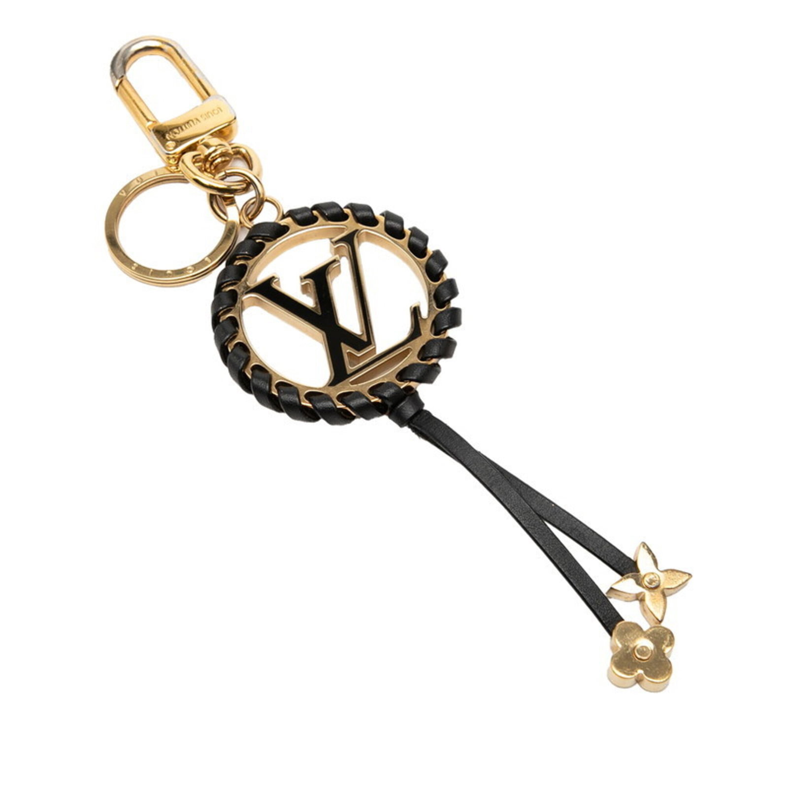 Louis Vuitton Keyring Gold Plating Leather: Louis Vuitton Keyring Gold Plating Leather This Louis Vuitton keyring boasts a sleek black leather exterior with a touch of luxury gold plating, adding a sophisticated touch to any outfit. Measuring