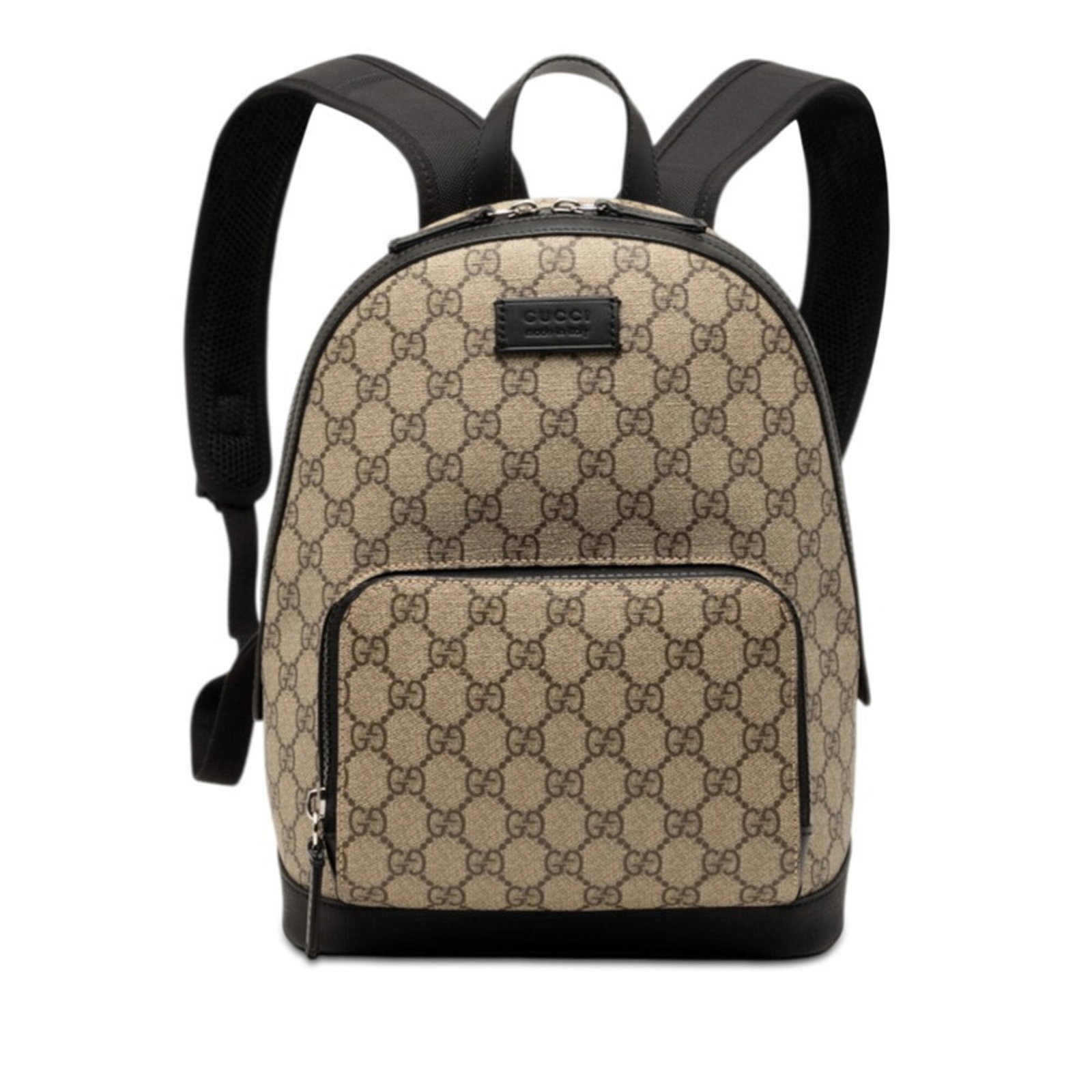 PVC Leather Gucci Backpack: PVC Leather Gucci Backpack PVC Leather Gucci Backpack is made from PVC and leather, with a beige and black color combination. It features a zipper closure, adjustable strap length, and a handle drop
