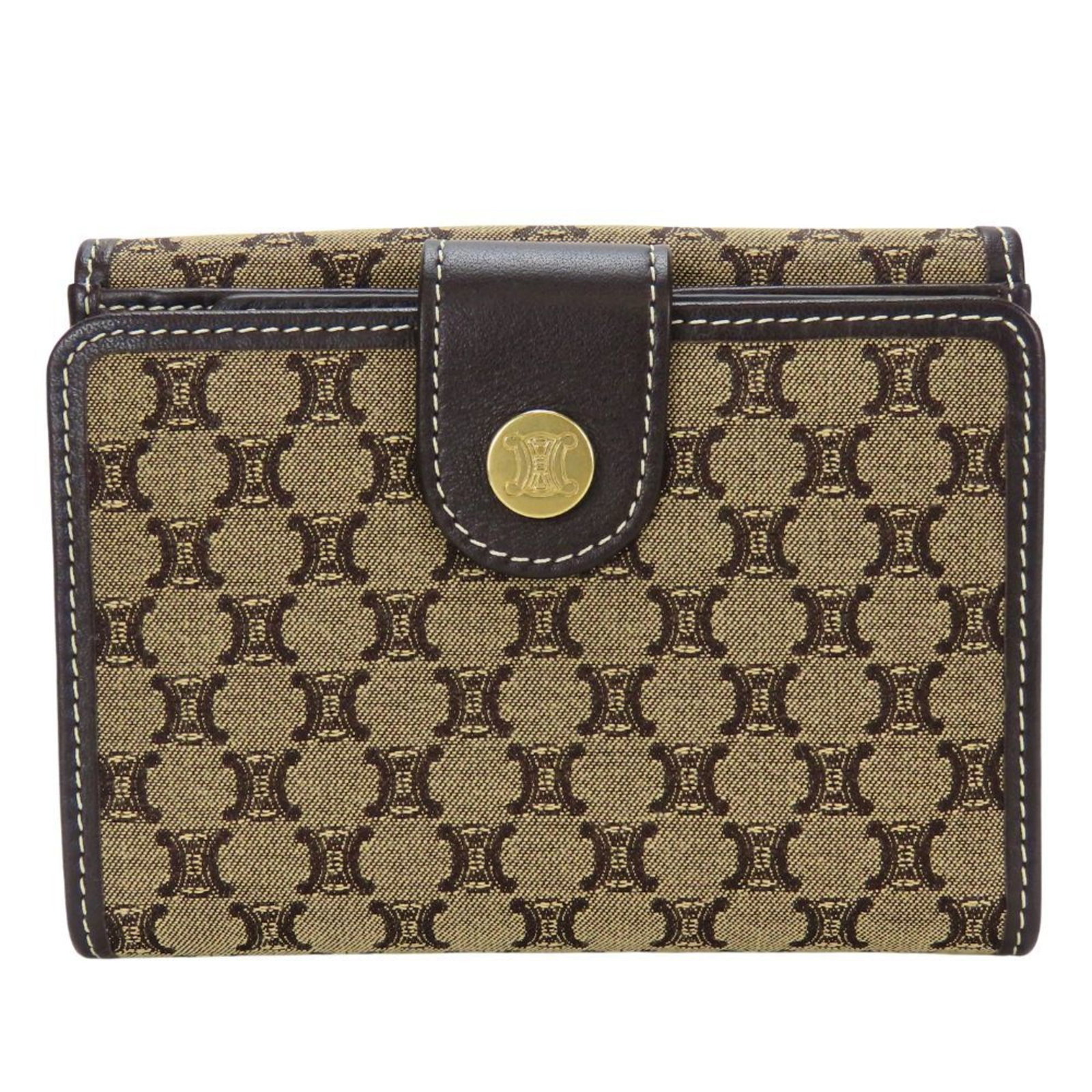 Celine Wallet (Bi-Fold) Canvas Leather: Celine Wallet (Bi-Fold) Canvas Leather Canvas leather wallet with a bi-fold design, featuring a beige and dark brown color combination. This compact wallet measures 9cm x 12cm x 2cm and weighs 100g,