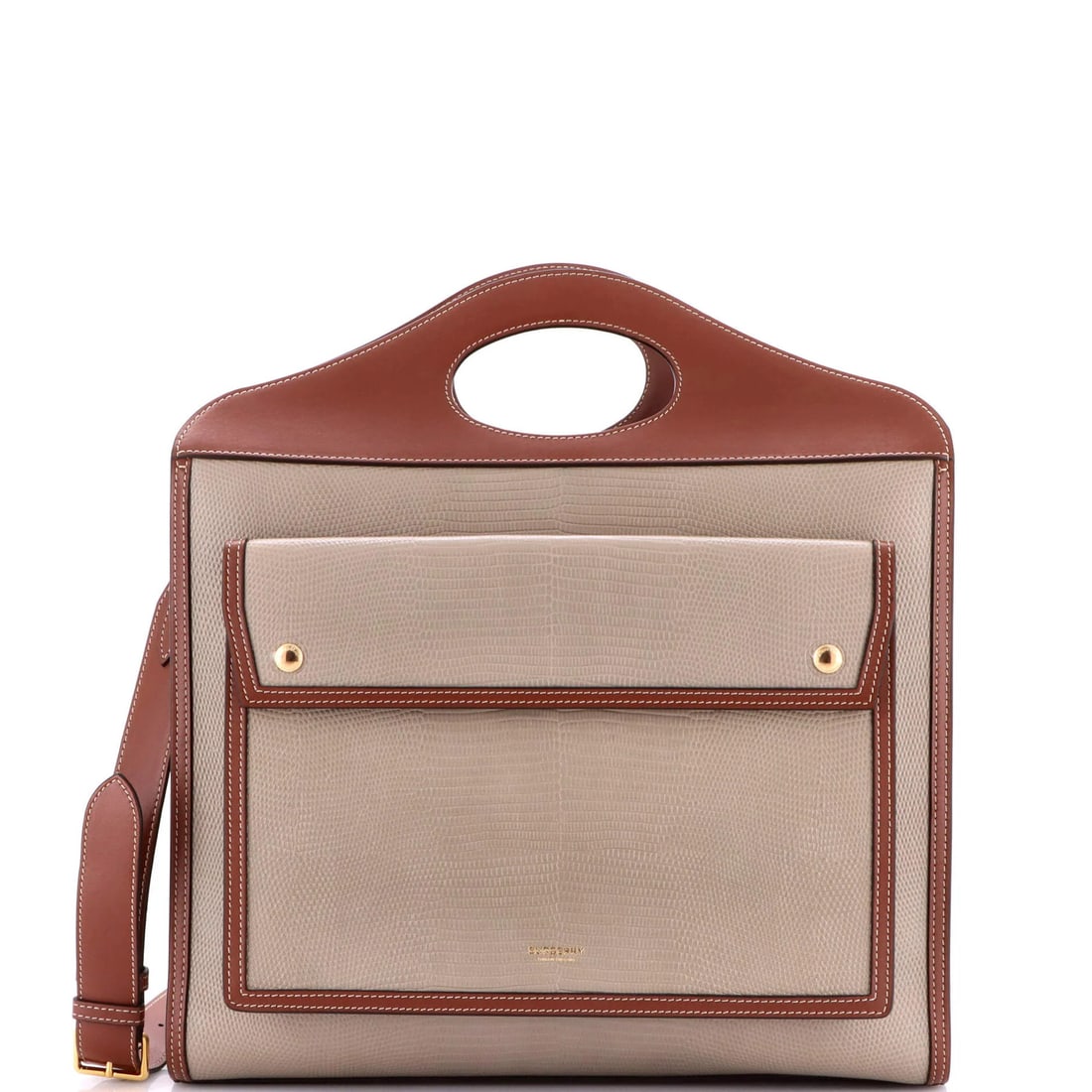 Lizard Embossed Leather Pocket Medium Burberry Tote: Lizard Embossed Leather Pocket Medium Burberry Tote Medium Burberry Lizard Embossed Leather Pocket Tote features a neutral exterior with minor scuffs and edge wear, and gold hardware. The interior is
