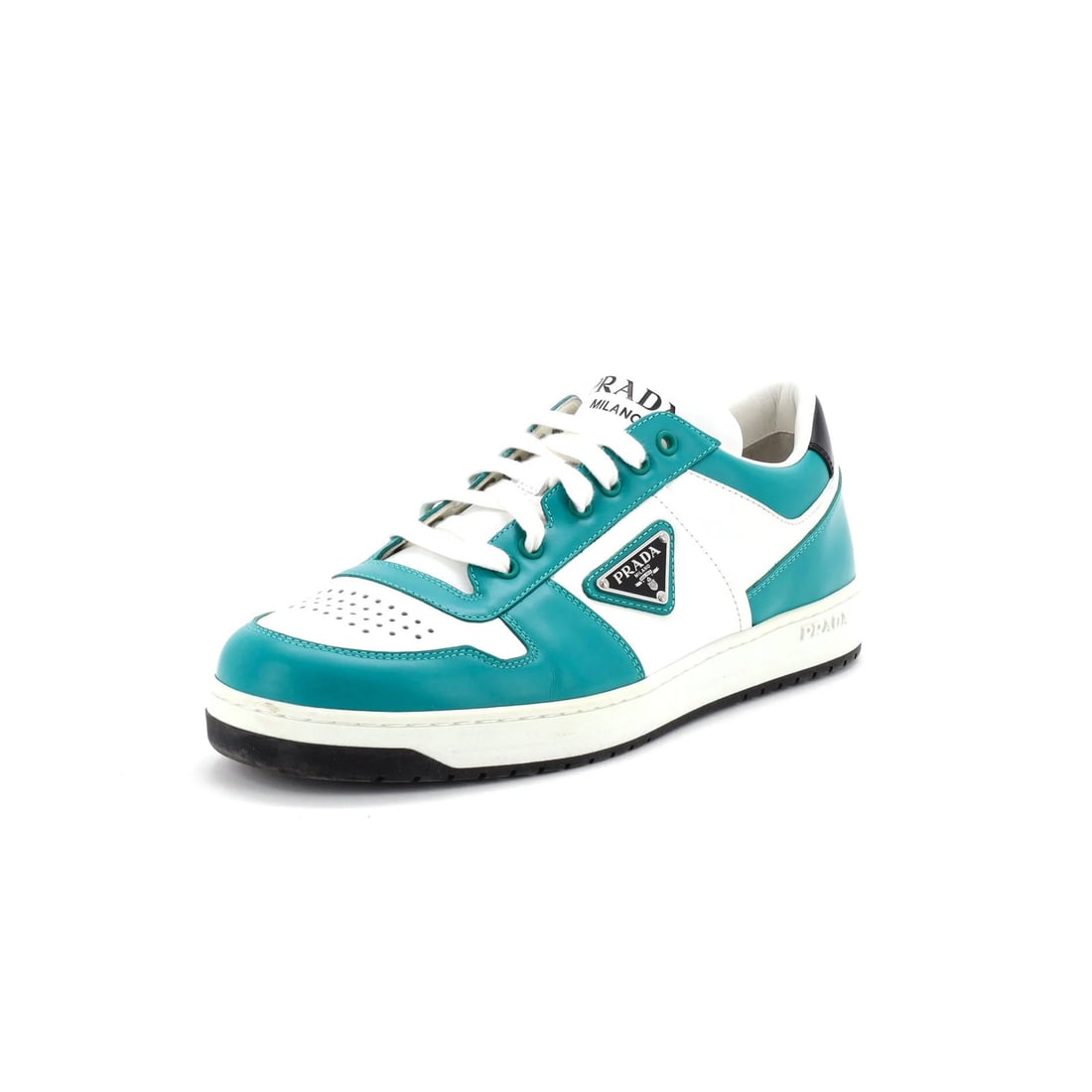 Men's Downtown Low-Top Sneakers Leather Prada: Men's Downtown Low-Top Sneakers Leather Prada Blue Prada Men's Downtown Low-Top Sneakers feature a classic design with a leather upper and silver hardware. The shoes have a worn look with creasing, sc