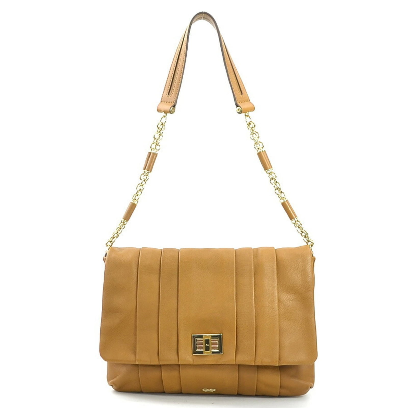 Hindmarch Leather Shoulder Bag: Hindmarch Leather Shoulder Bag Camel-colored leather shoulder bag with a turn lock closure and outer pocket, featuring a sleek and modern design. Measuring 23cm x 28cm x 3.5cm, it comes with a dust