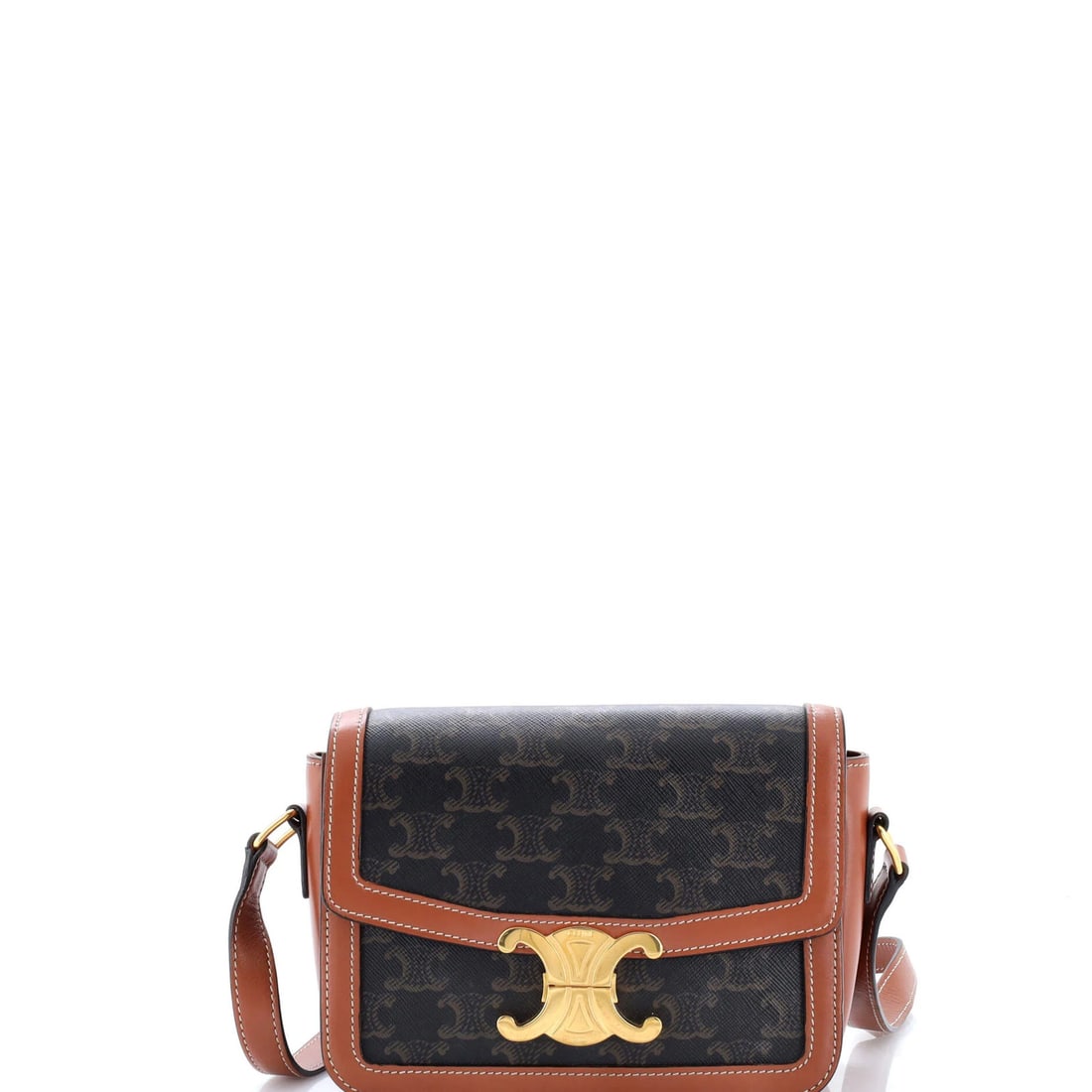 Shoulder bag coated canvas teen Celine Triomphe: Shoulder bag coated canvas teen Celine Triomphe Canvas Coated Celine Triomphe Shoulder Bag in Brown, featuring a classic design with minor cracking, creases, and scuffs on the exterior, and a