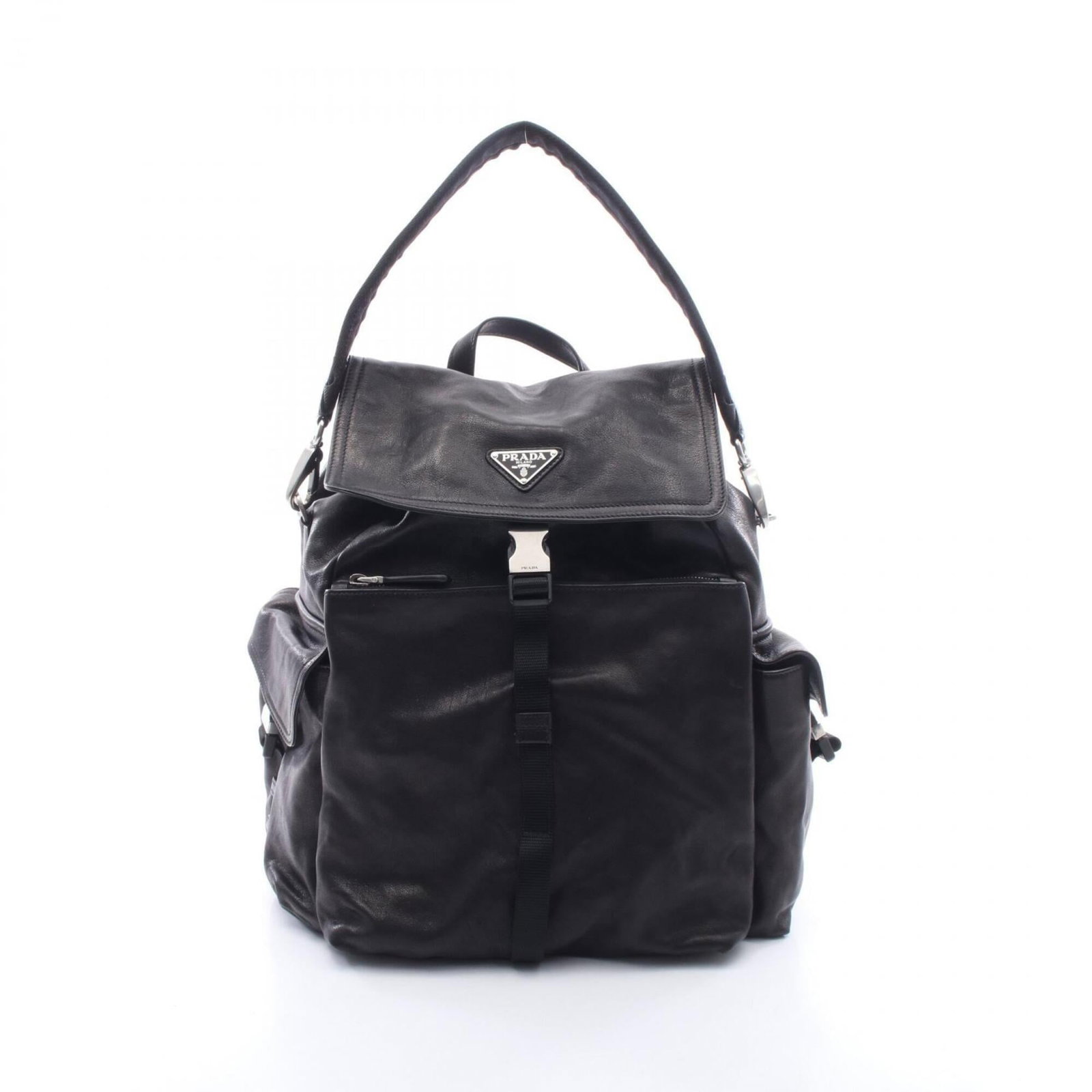 Handbag Leather Backpack Prada: Handbag Leather Backpack Prada Black leather backpack from Prada, measuring 40cm x 27cm x 15cm, with a 21cm handle length. This stylish backpack features high-quality leather construction and a sleek
