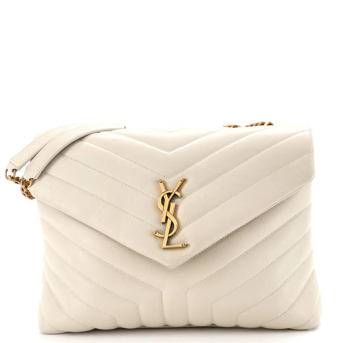 Loulou Medium Leather Bag Matelasse Chevron Shoulder Saint Laurent: Loulou Medium Leather Bag Matelasse Chevron Shoulder Saint Laurent White leather Loulou medium shoulder bag with matelasse chevron design, featuring gold hardware and a spacious interior. The bag