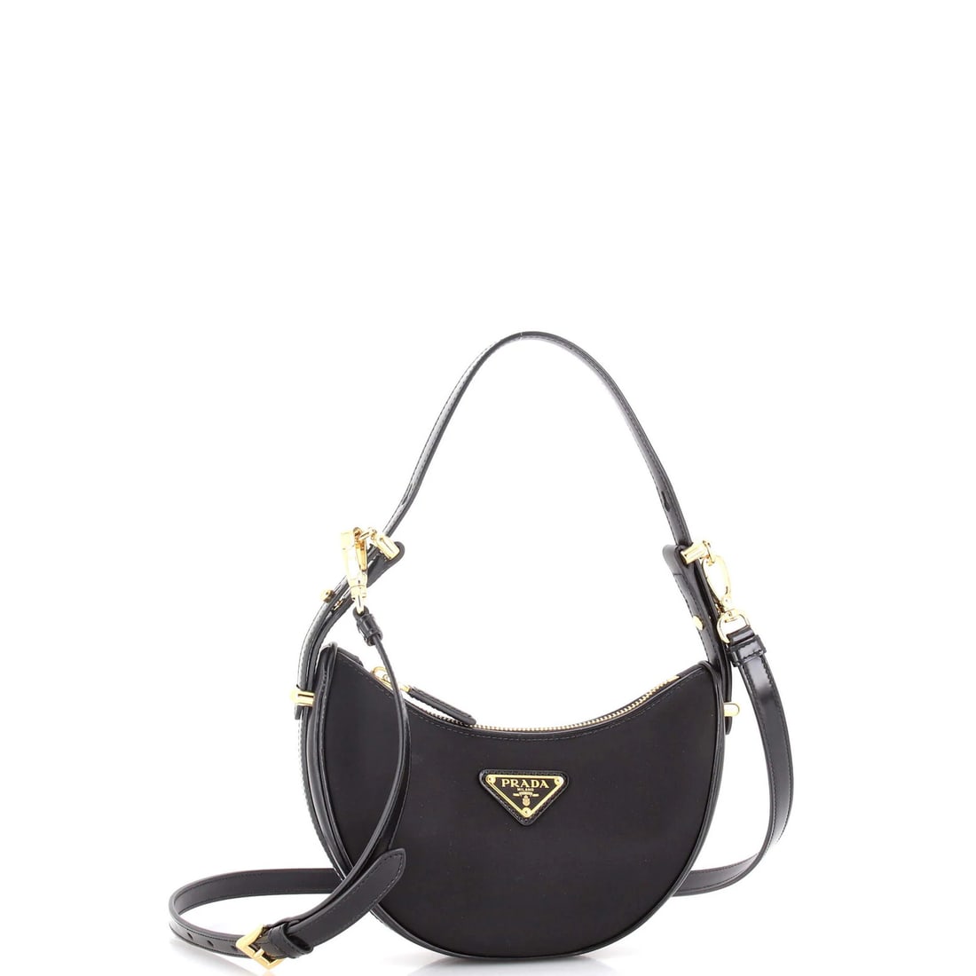 Moon Hobo Prada Small Tessuto Arque: Moon Hobo Prada Small Tessuto Arque Small Prada Arque Tessuto Hobo in Black Leather and Nylon. This half moon hobo features a classic design with a small size and extra strap for added convenience.