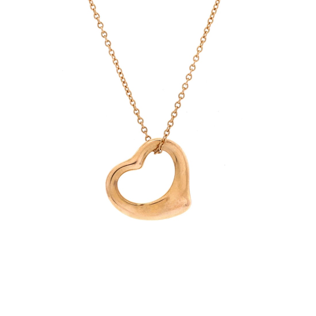Tiffany & Co. Elsa Peretti Open Heart Pendant Necklace 18K Rose Gold 16mm: Tiffany & Co. Elsa Peretti Open Heart Pendant Necklace 18K Rose Gold 16mm Tiffany & Co.'s Elsa Peretti Open Heart Pendant Necklace shines in 18K rose gold, its delicate 16mm open heart pendant a