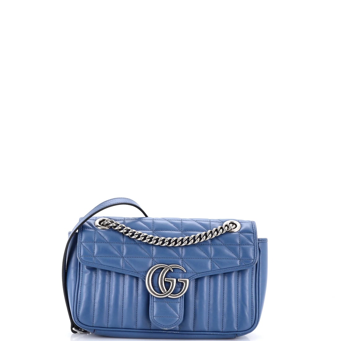Gucci GG Marmont Flap Bag Small Mixed Matelasse Leather: Gucci GG Marmont Flap Bag Small Mixed Matelasse Leather Small Gucci GG Marmont Flap Bag in Blue, featuring mixed matelasse leather exterior and neutral microfiber interior, with aged silver hardware a