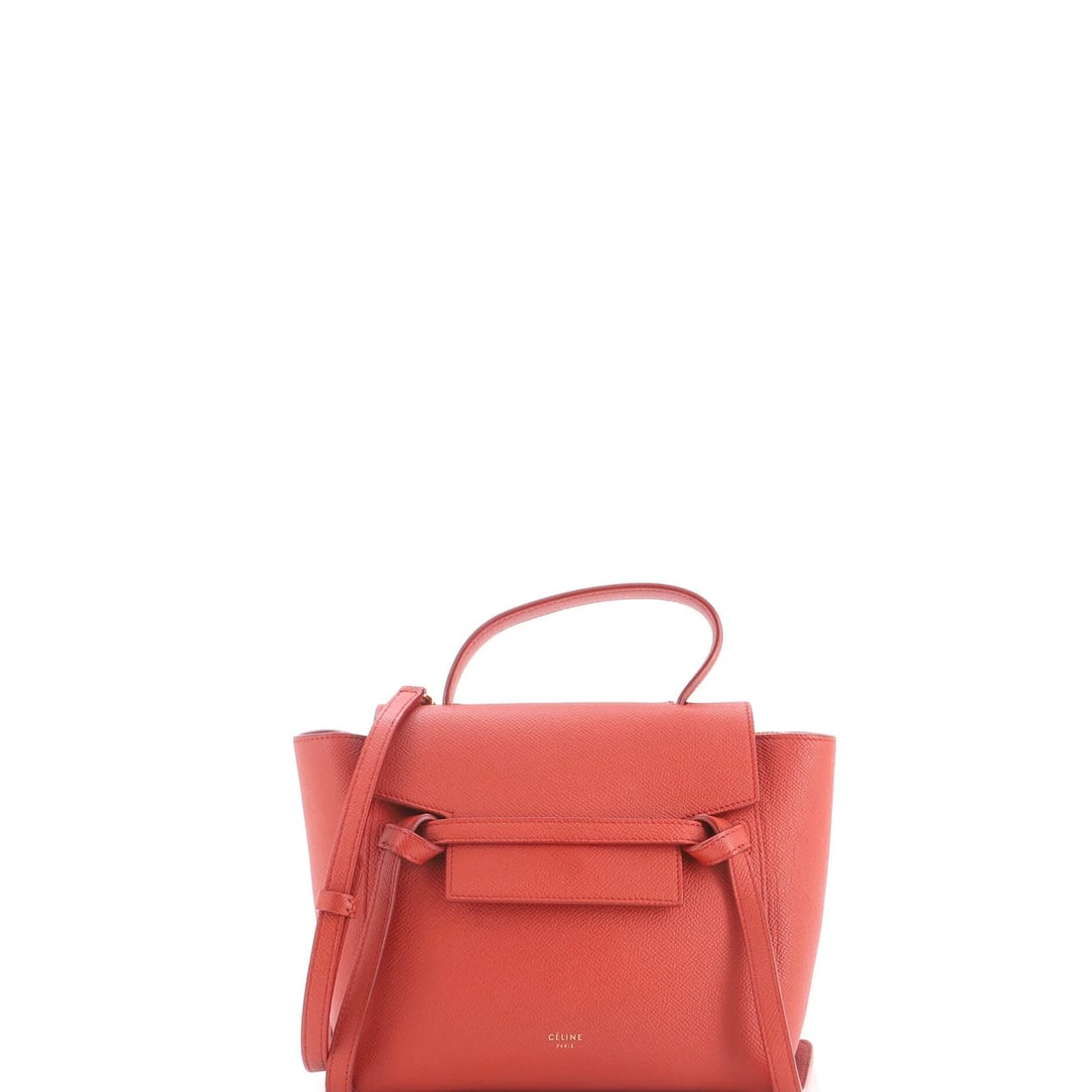 Nano Celine Belt Bag Textured Leather: Nano Celine Belt Bag Textured Leather Red textured leather nano belt bag with aged gold hardware, featuring a suede interior and minor creases on exterior and interior surfaces. The bag measures 8"