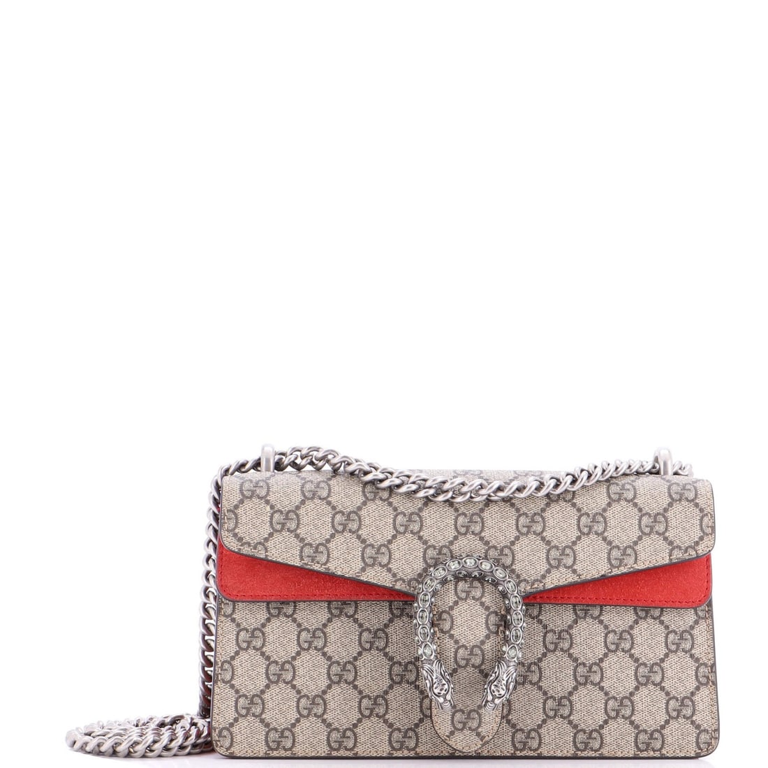 Gucci GG Coated Canvas Small Bag Dionysus Embellished with Crystal Metal: Gucci GG Coated Canvas Small Bag Dionysus Embellished with Crystal Metal The Gucci GG Coated Canvas Small Bag Dionysus features a striking combination of canvas, crystal, and metal accents in a rich b