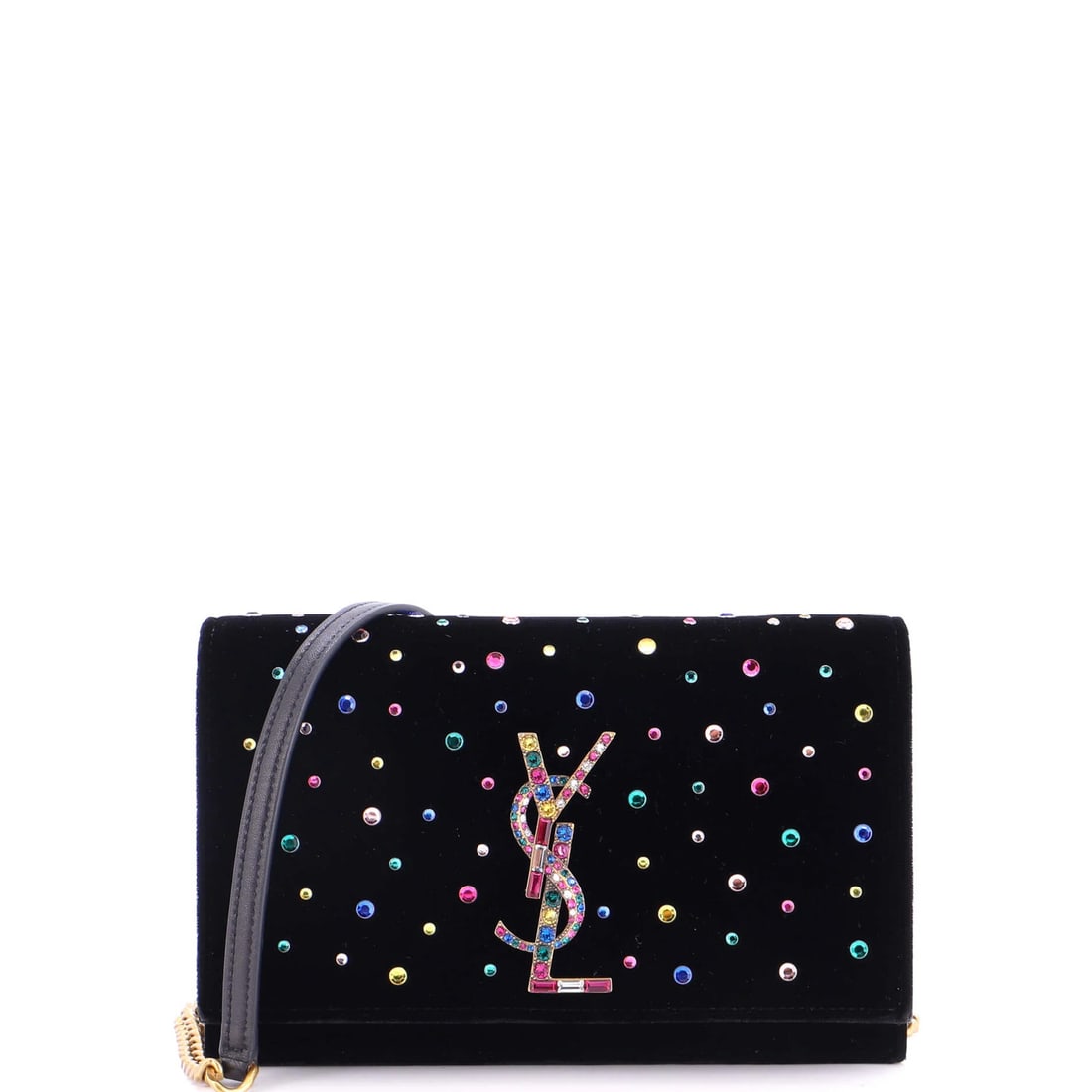 Velvet Embellished Monogram Saint Laurent Classic Wallet Chain: Velvet Embellished Monogram Saint Laurent Classic Wallet Chain The Saint Laurent Classic Monogram Wallet on Chain Embellished Velvet Exterior is a striking accessory, featuring a velvet exterior with