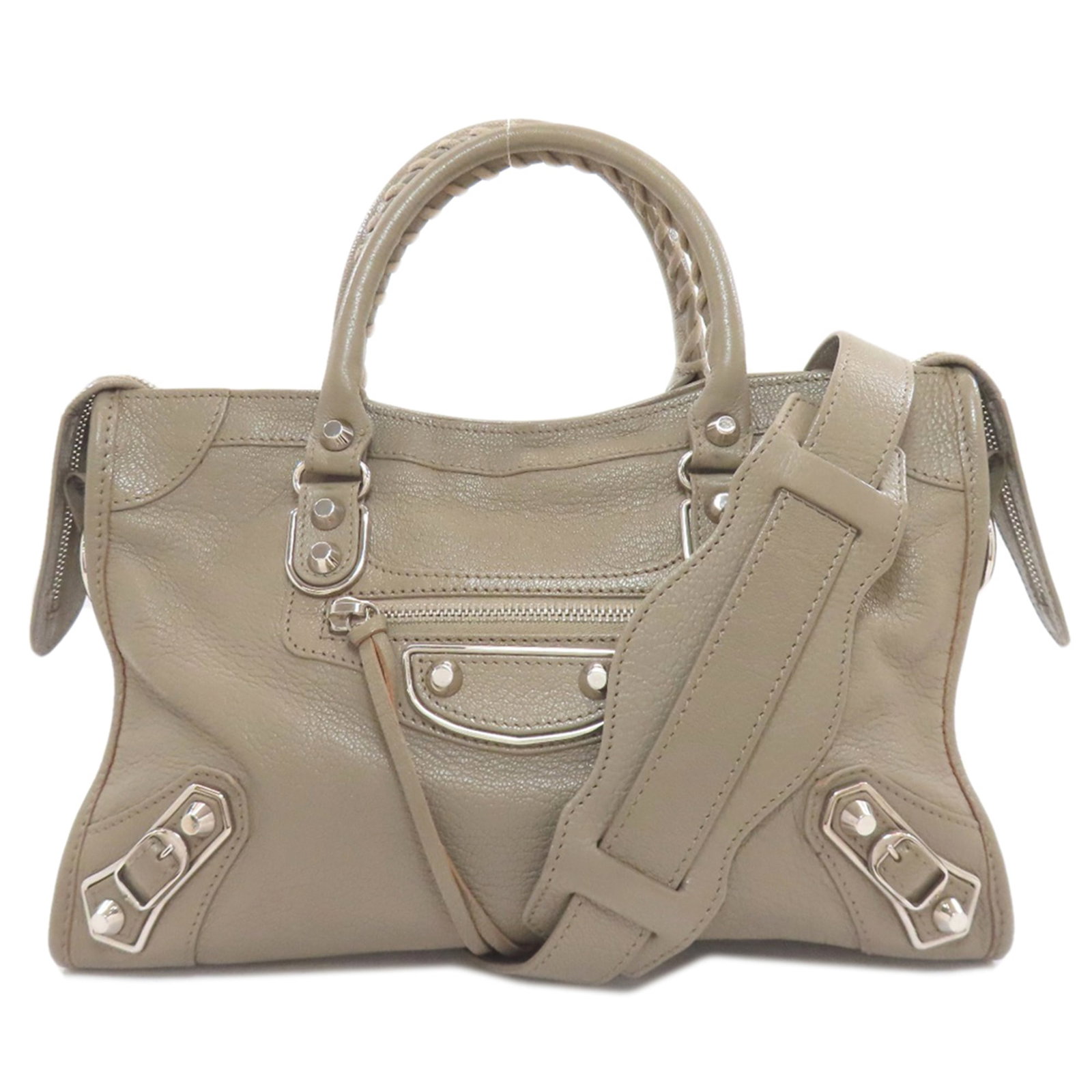 Handbag Leather Balenciaga: Handbag Leather Balenciaga Classic Gray Balenciaga Calfskin Leather Handbag. This timeless piece boasts a sleek, all-leather design with a sturdy zipper closure and adjustable strap length. Measuring