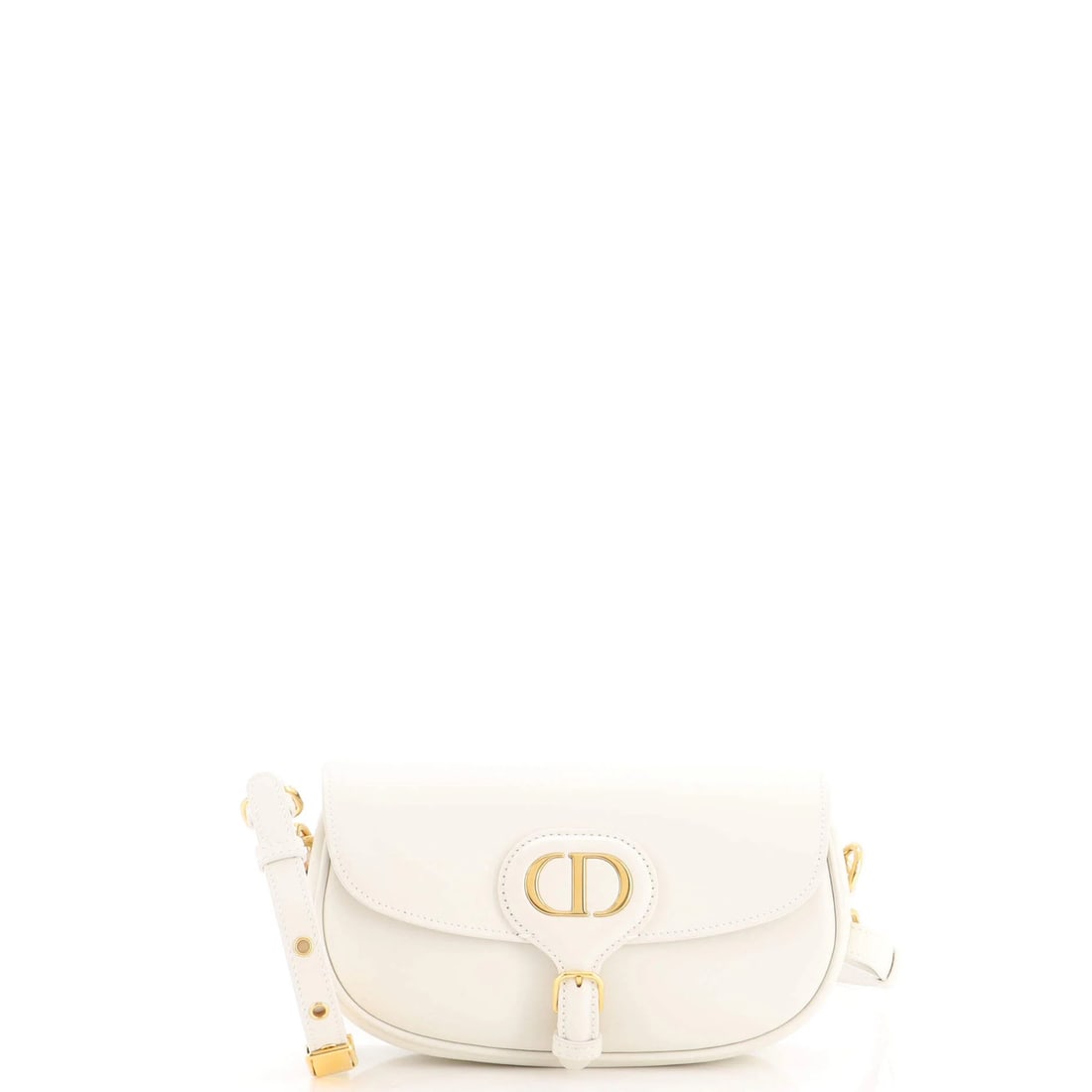 Christian Dior Leather Bobby East West Flap Bag: Christian Dior Leather Bobby East West Flap Bag White leather East West flap bag with gold hardware, featuring a sleek cross body design. Measures 4.5" height, 8" width, and 2" depth, with a 11-13"
