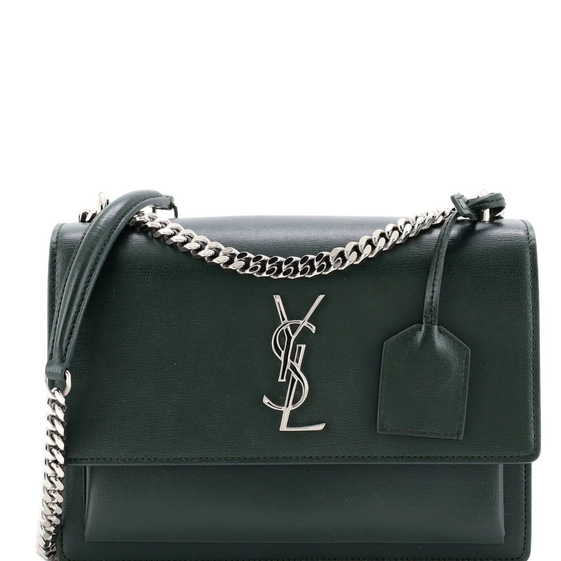 Leather Medium Saint Laurent Crossbody Bag Sunset: Leather Medium Saint Laurent Crossbody Bag Sunset The Saint Laurent Medium Sunset Crossbody Bag is a stylish and versatile accessory, featuring a rich green leather exterior with suede interior. With