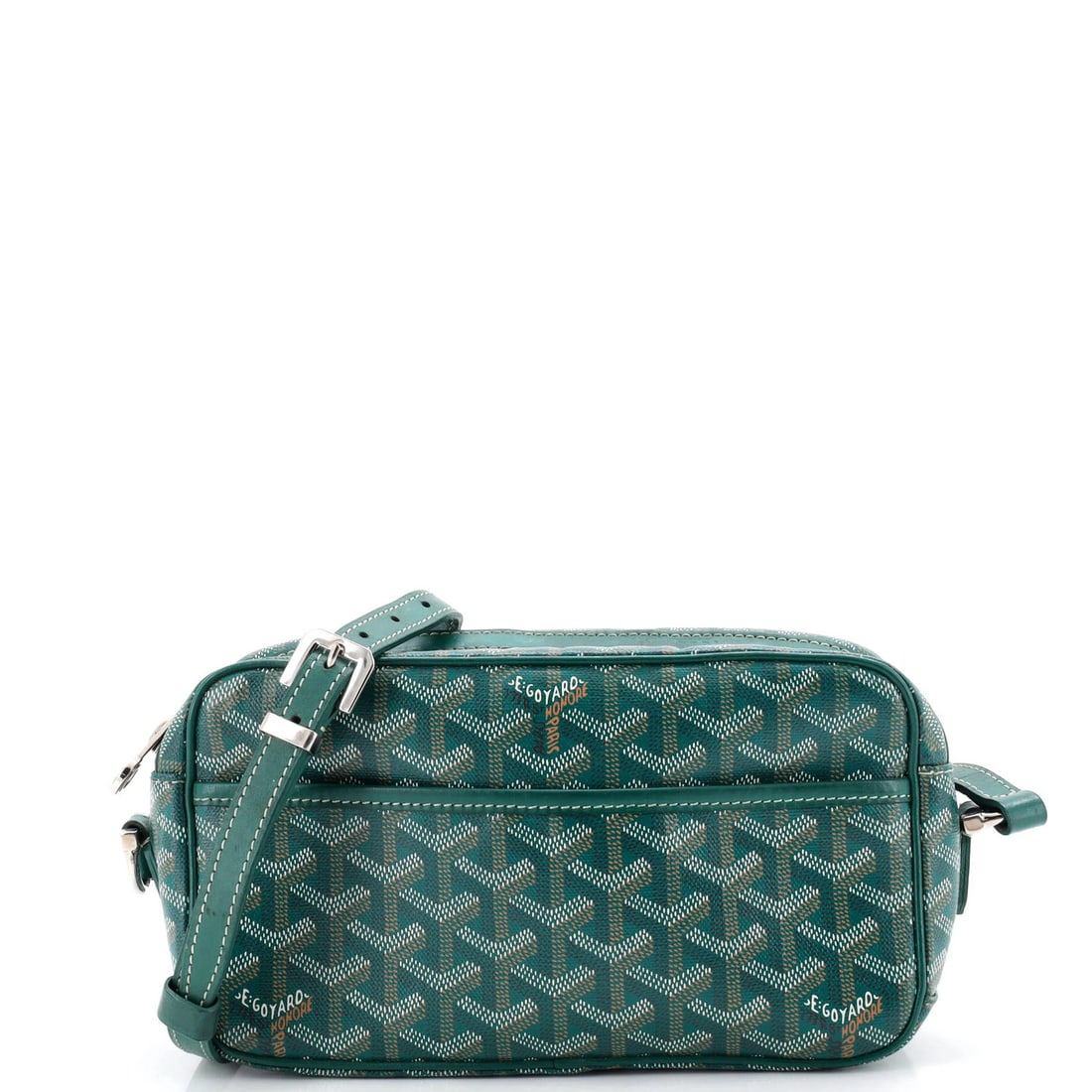 Goyard Cap Vert Bag Coated Canvas: Goyard Cap Vert Bag Coated Canvas The Goyard Cap Vert Bag Coated Canvas boasts a striking green exterior, expertly crafted from canvas coated materials. Minor creases and scuffs adorn the exterior, wh