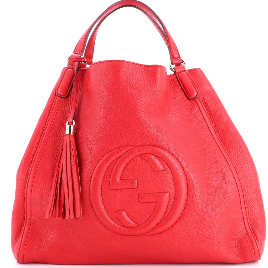 Soho Leather Large Gucci Shoulder Bag: Soho Leather Large Gucci Shoulder Bag Red Soho Leather Large Gucci Shoulder Bag with Gold Tone Hardware, featuring a neutral interior and minor scuffs on exterior and handles. Measuring 15" high, 16" 