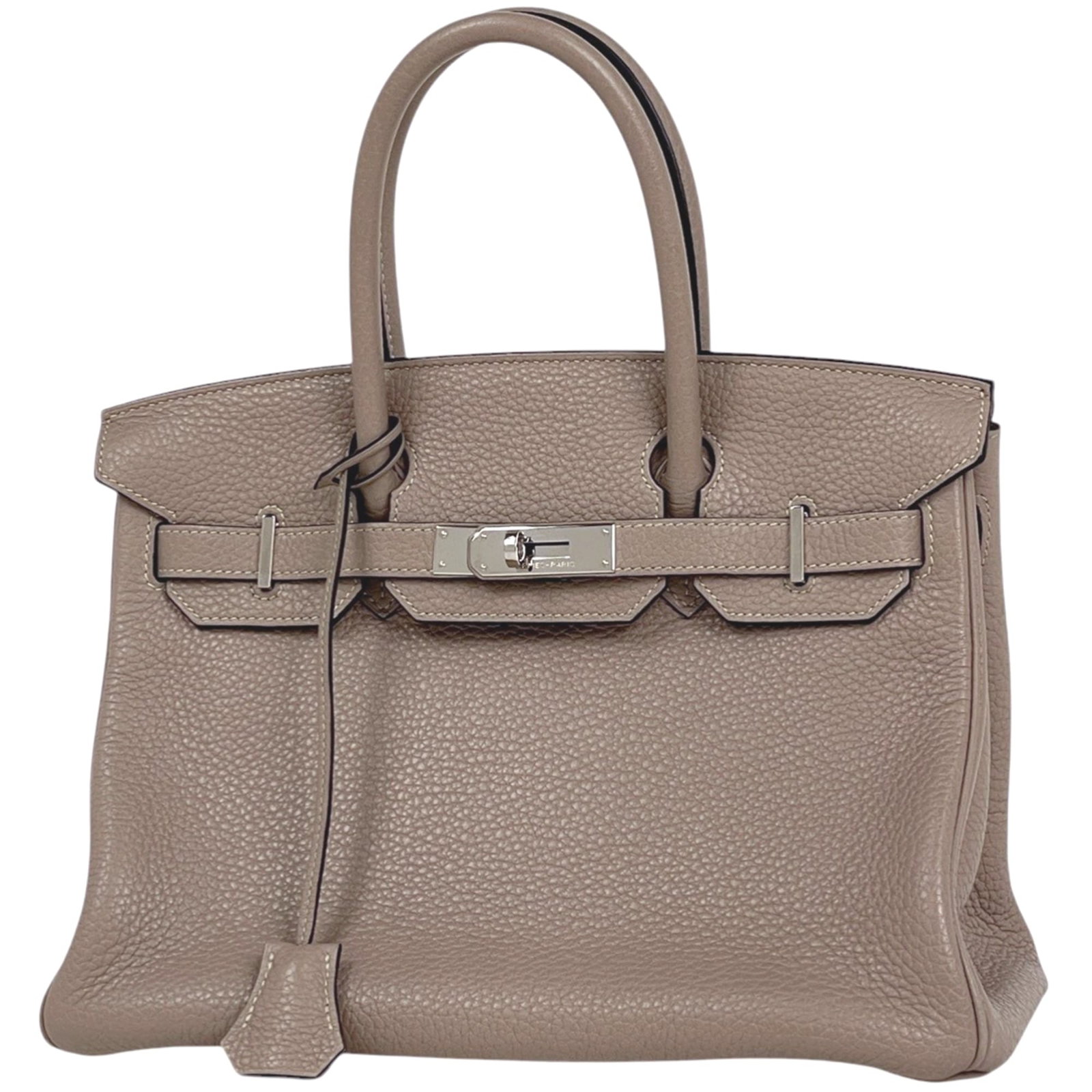 Clemence Leather Handbag Taurillon Hermes: Clemence Leather Handbag Taurillon Hermes Clemence Leather Taurillon Handbag from Hermes Line, featuring Taurillon clemence leather in Gris Tourterelle color, with a size of 22cm x 30cm x 14cm. This h