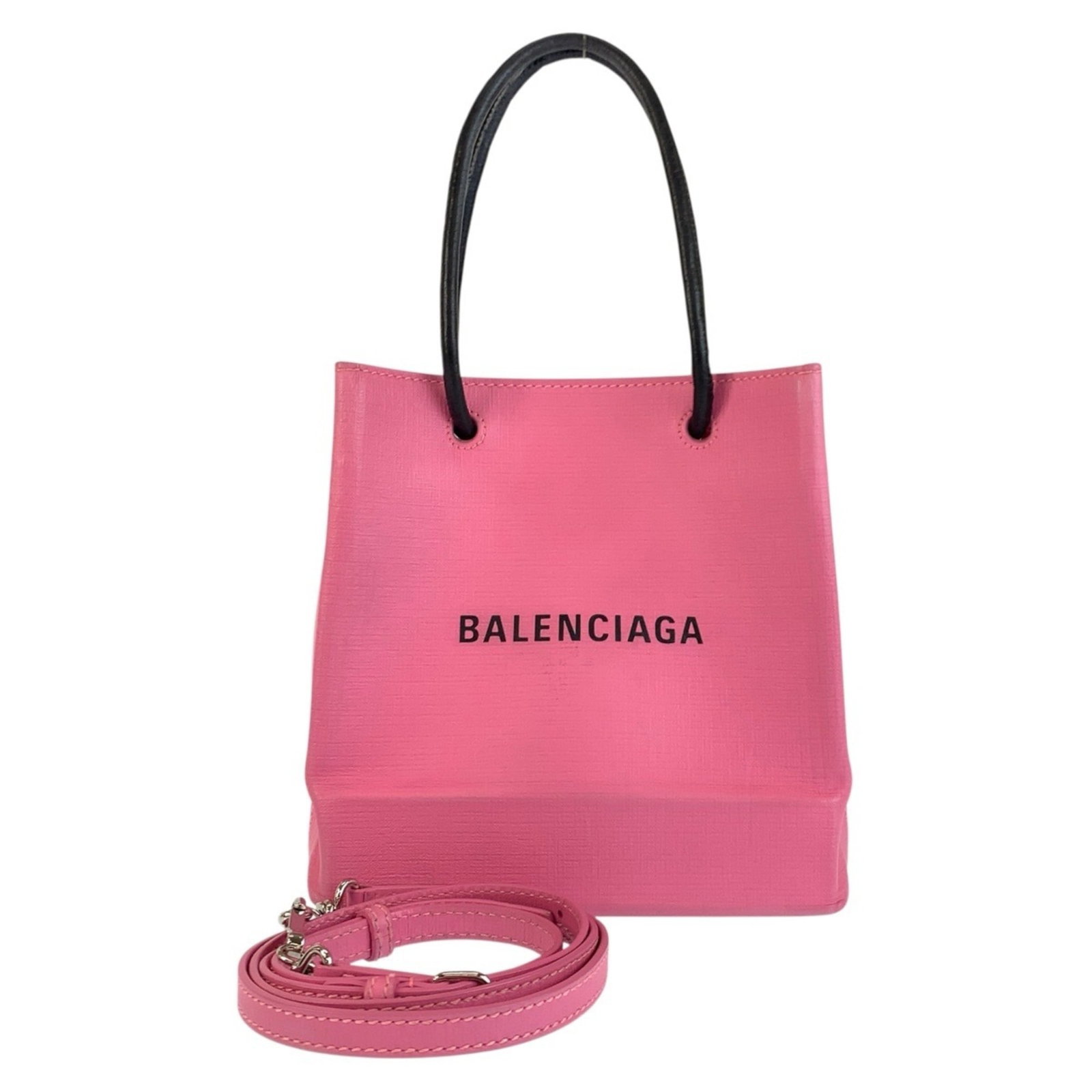 Balenciaga Shoulder Bag Tote Bag Leather: Balenciaga Shoulder Bag Tote Bag Leather Black and pink leather Balenciaga shoulder bag tote bag, made from high-quality leather, features silver hardware and a sleek design. The bag measures 20cm x