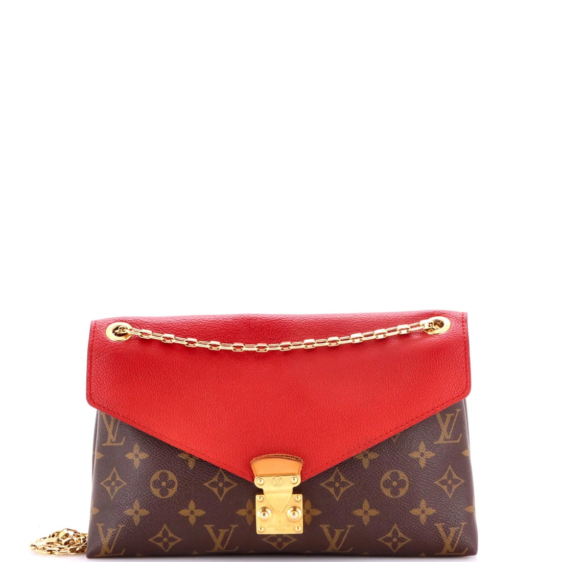 Pallas Chain Shoulder Bag Canvas Calfskin Monogram Louis Vuitton: Pallas Chain Shoulder Bag Canvas Calfskin Monogram Louis Vuitton Red Pallas Chain Shoulder Bag with Monogram Canvas and Calfskin Exterior, featuring a classic design with a bold red exterior and gold