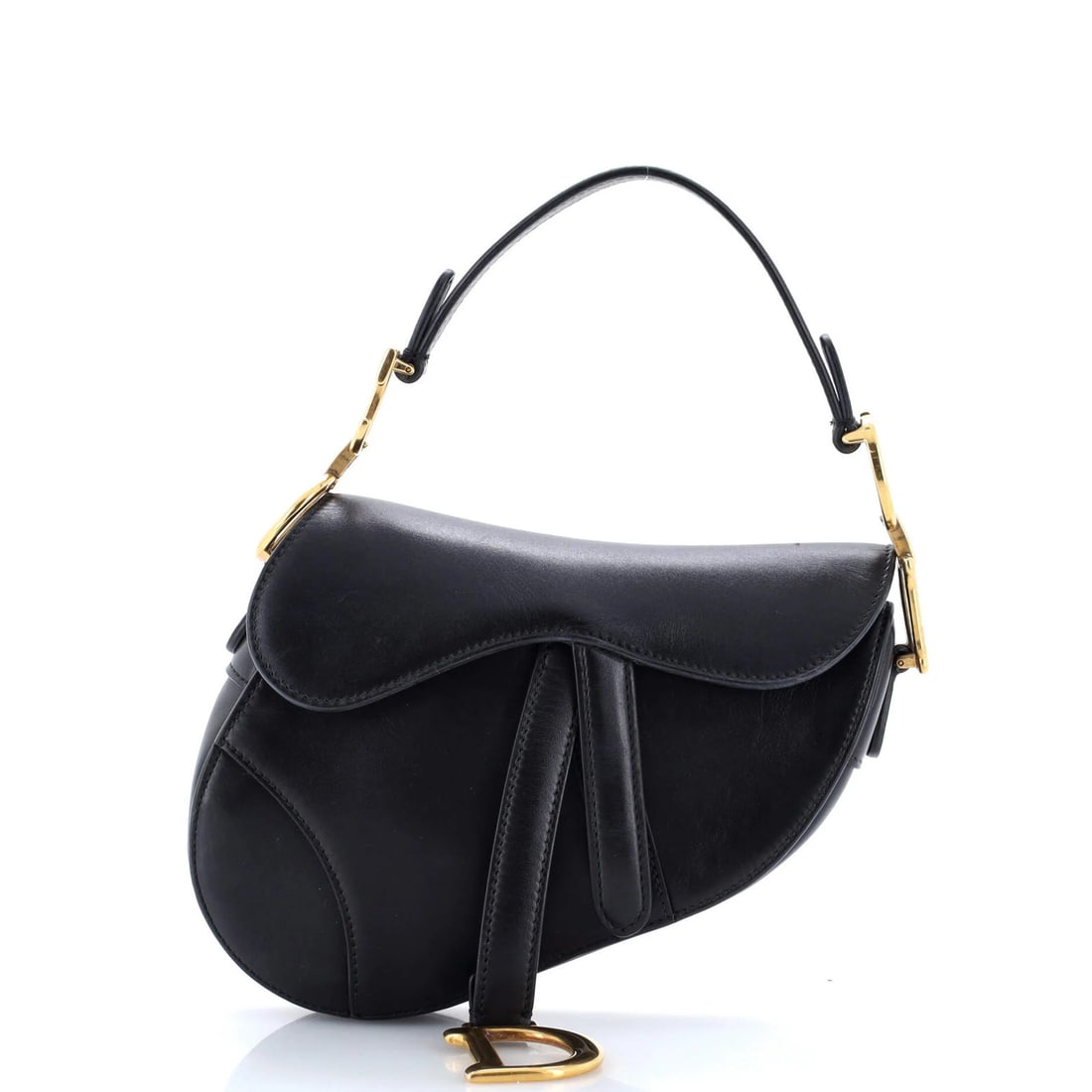 Mini Leather Christian Dior Saddle Handbag: Mini Leather Christian Dior Saddle Handbag Mini Leather Christian Dior Saddle Handbag in Black. This mini leather shoulder bag features a classic saddle design with scuffed black exterior and suede