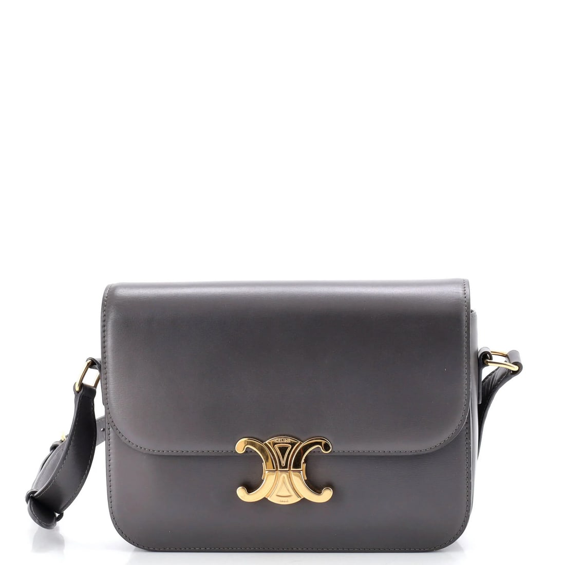 Calfskin Shoulder Bag Smooth Medium Triomphe Celine: Calfskin Shoulder Bag Smooth Medium Triomphe Celine Smooth, gray Calfskin exterior, a classic medium-sized Triomphe shoulder bag from Celine, features a cross body design with a 17-20" strap drop.