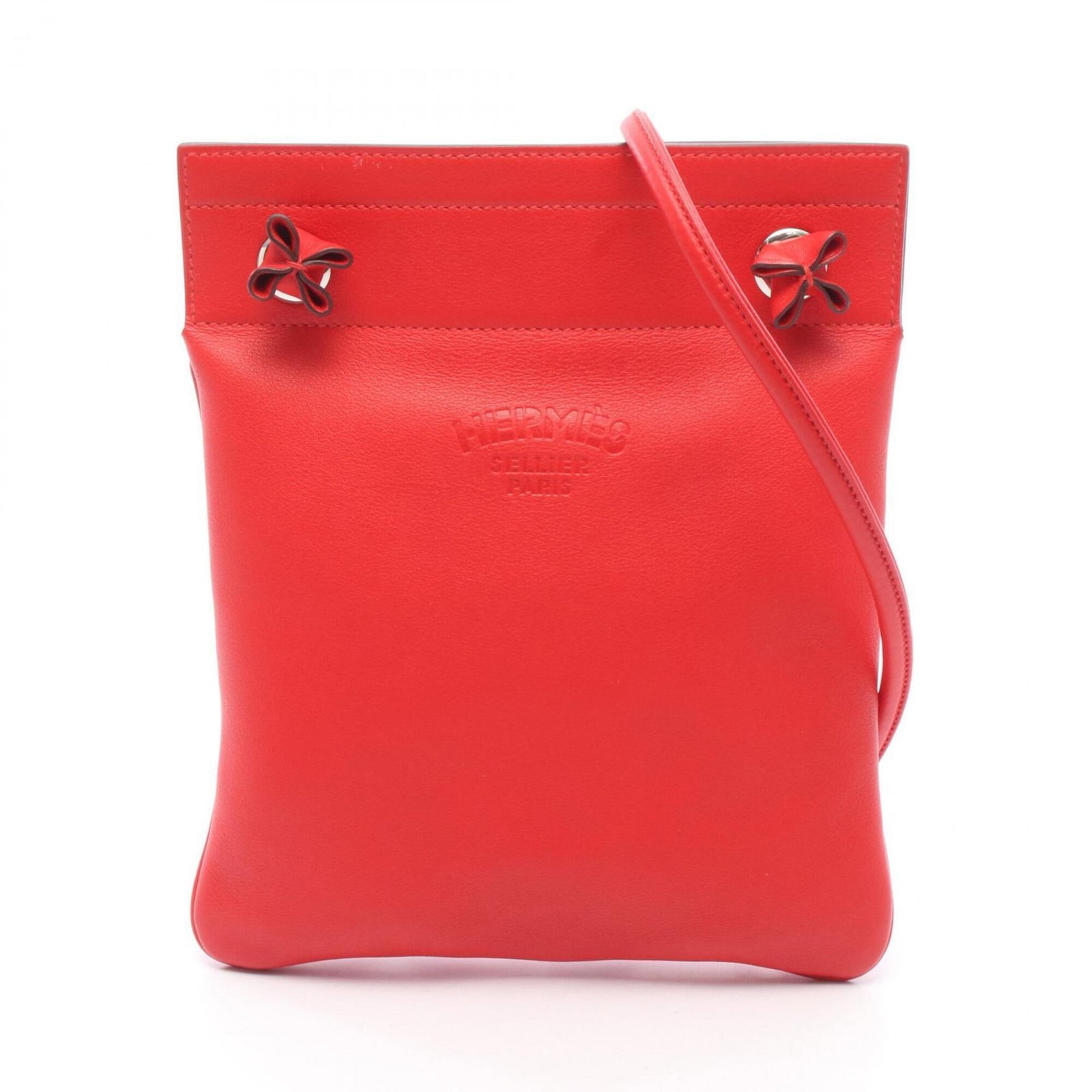 Swift Leather Shoulder Bag Hermes: Swift Leather Shoulder Bag Hermes Swift Leather Shoulder Bag by Hermes features a striking red color and elegant silver hardware, crafted from high-quality swift leather. Measuring 22.5cm x 20cm x 5.0