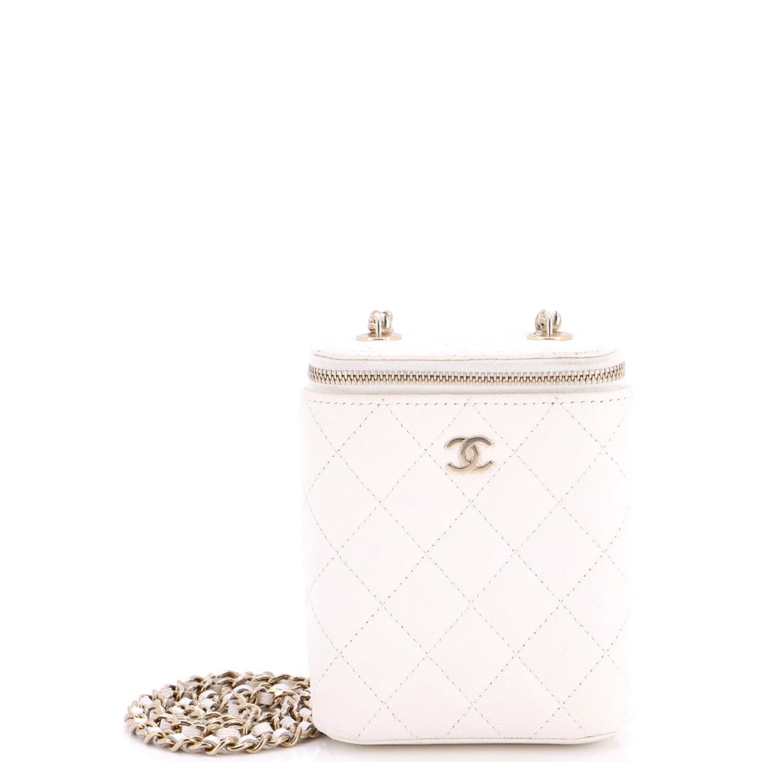 Classic Vertical Caviar Chain Quilted Chanel Small Vanity Case: Classic Vertical Caviar Chain Quilted Chanel Small Vanity Case White leather Chanel Small Vertical Classic Vanity Case with chain quilted caviar exterior, featuring gold tone hardware and a classic de
