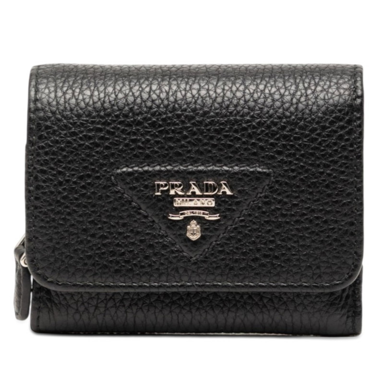 Prada Wallet (Tri-Fold) Leather: Prada Wallet (Tri-Fold) Leather Prada's tri-fold leather wallet features a sleek black design with a button closure and snap fastener. The wallet is made from high-quality leather and comes in a sturd