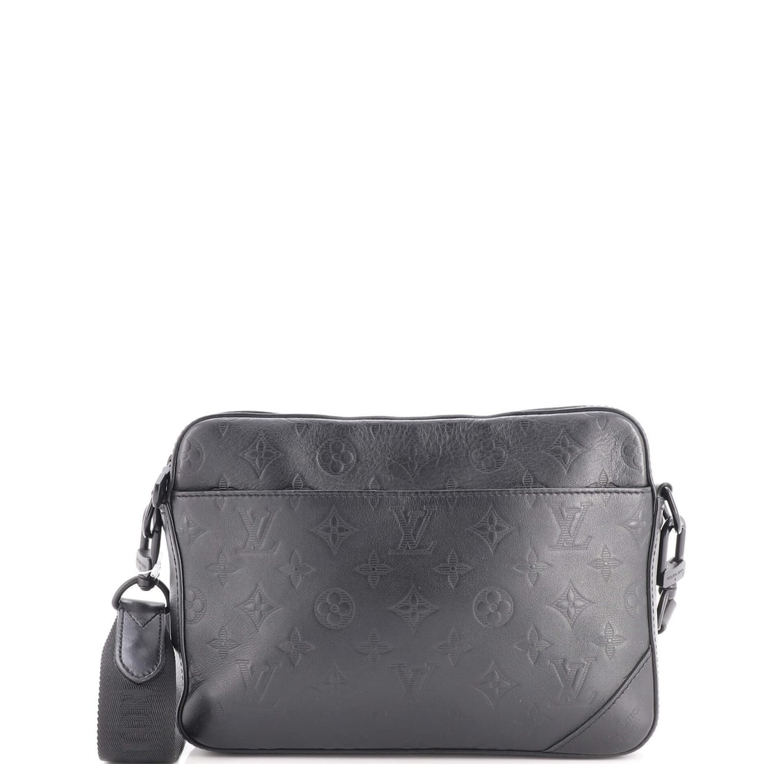 Monogram Shadow Leather Messenger Bag Louis Vuitton: Monogram Shadow Leather Messenger Bag Louis Vuitton Black Monogram Shadow Leather Messenger Bag with classic design and timeless style, featuring scuffs, edge wear, and minor creases on the exterior,