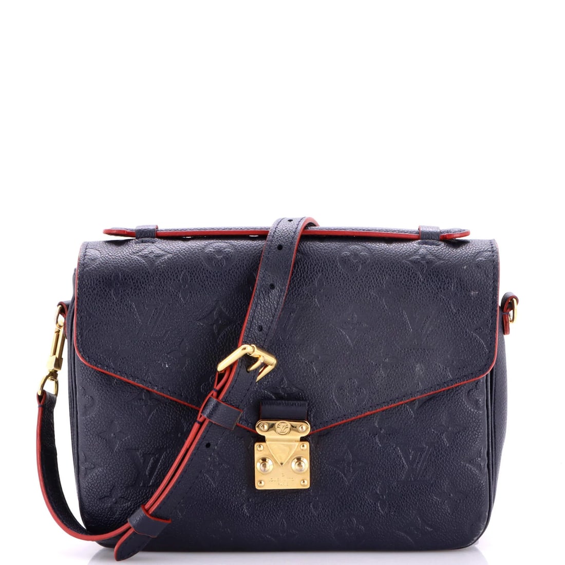 Empreinte Leather Pochette Monogram Vuitton Louis: Empreinte Leather Pochette Monogram Vuitton Louis Blue Empreinte Leather Pochette Monogram Vuitton Louis with gold hardware, featuring a signature and a red interior, measures 8" high, 9.5" wide, and 