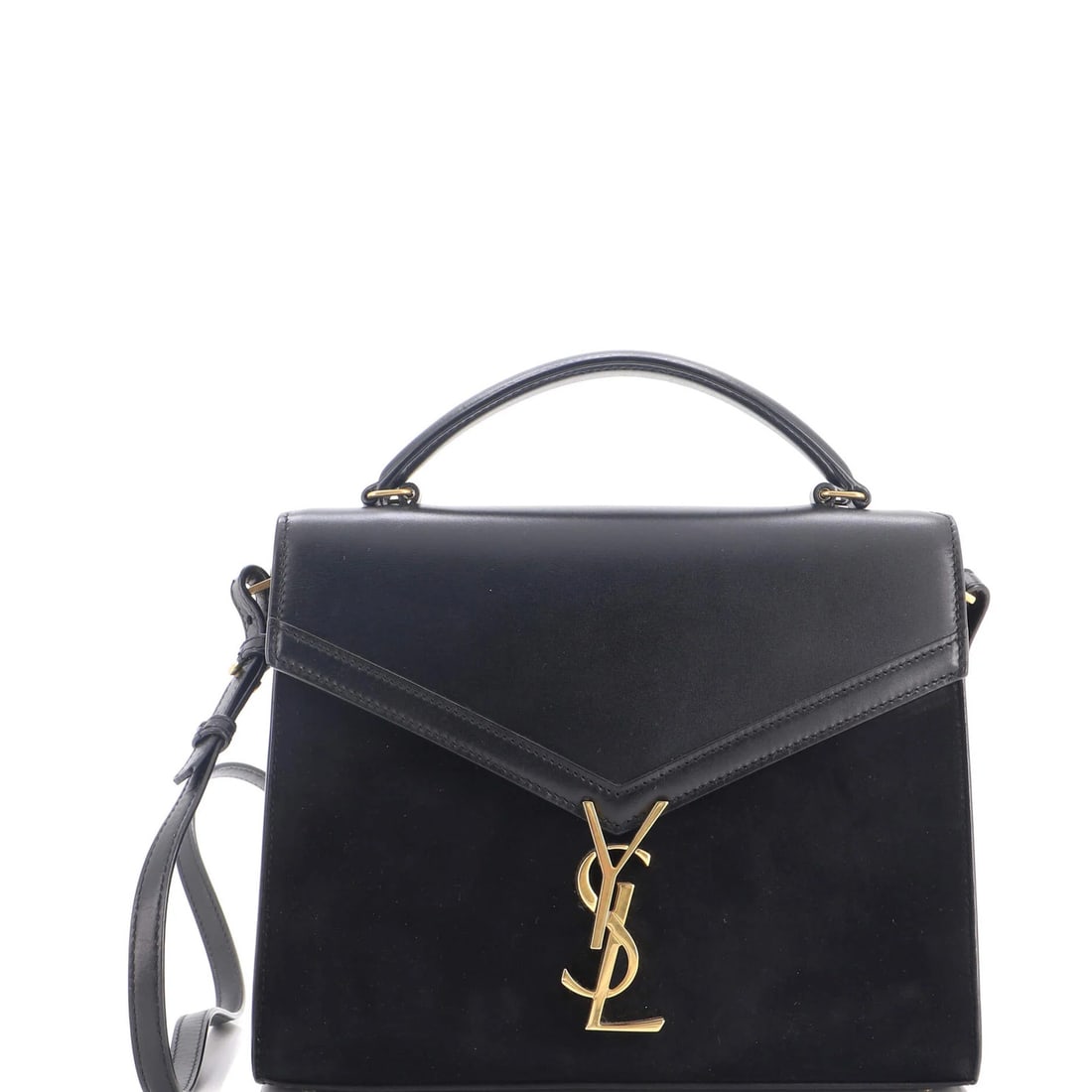 Saint Laurent Cassandra Suede Leather Bag Top Medium: Saint Laurent Cassandra Suede Leather Bag Top Medium Black leather and suede medium top handle bag from Saint Laurent, featuring a sleek shoulder design with a gold hardware accent. Measuring 8" in