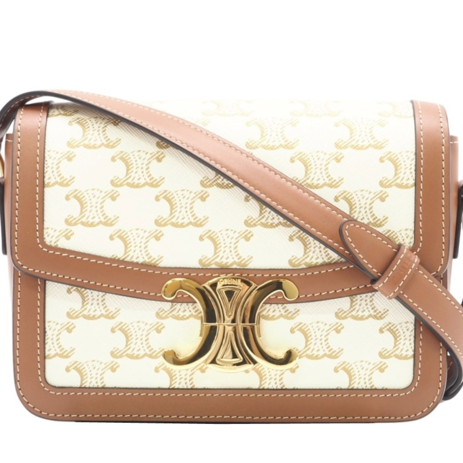 Shoulder Bag Canvas: Shoulder Bag Canvas Canvas shoulder bag from Celine, made in Italy with a sturdy canvas material, featuring a signature and a classic brown and white color combination. The bag measures 13.5cm x 18.5c