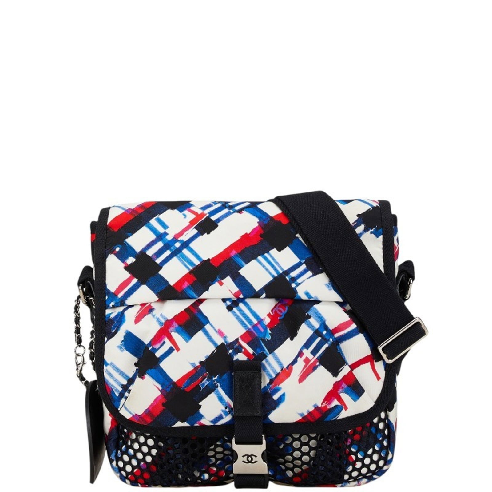Nylon Chanel Bag Shoulder: Nylon Chanel Bag Shoulder Nylon Chanel Bag Shoulder features a multi-color, white design with a charm and dust bag. This shoulder bag measures 23.5cm x 26cm x 8cm and comes in a compact size. The bag