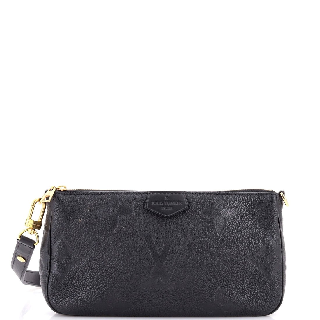 Louis Vuitton Giant Pochette Accessoires Monogram Empreinte: Louis Vuitton Giant Pochette Accessoires Monogram Empreinte Black Louis Vuitton Giant Pochette Accessoires Monogram Empreinte cross body bag with gold hardware, featuring a classic multi-monogram desi