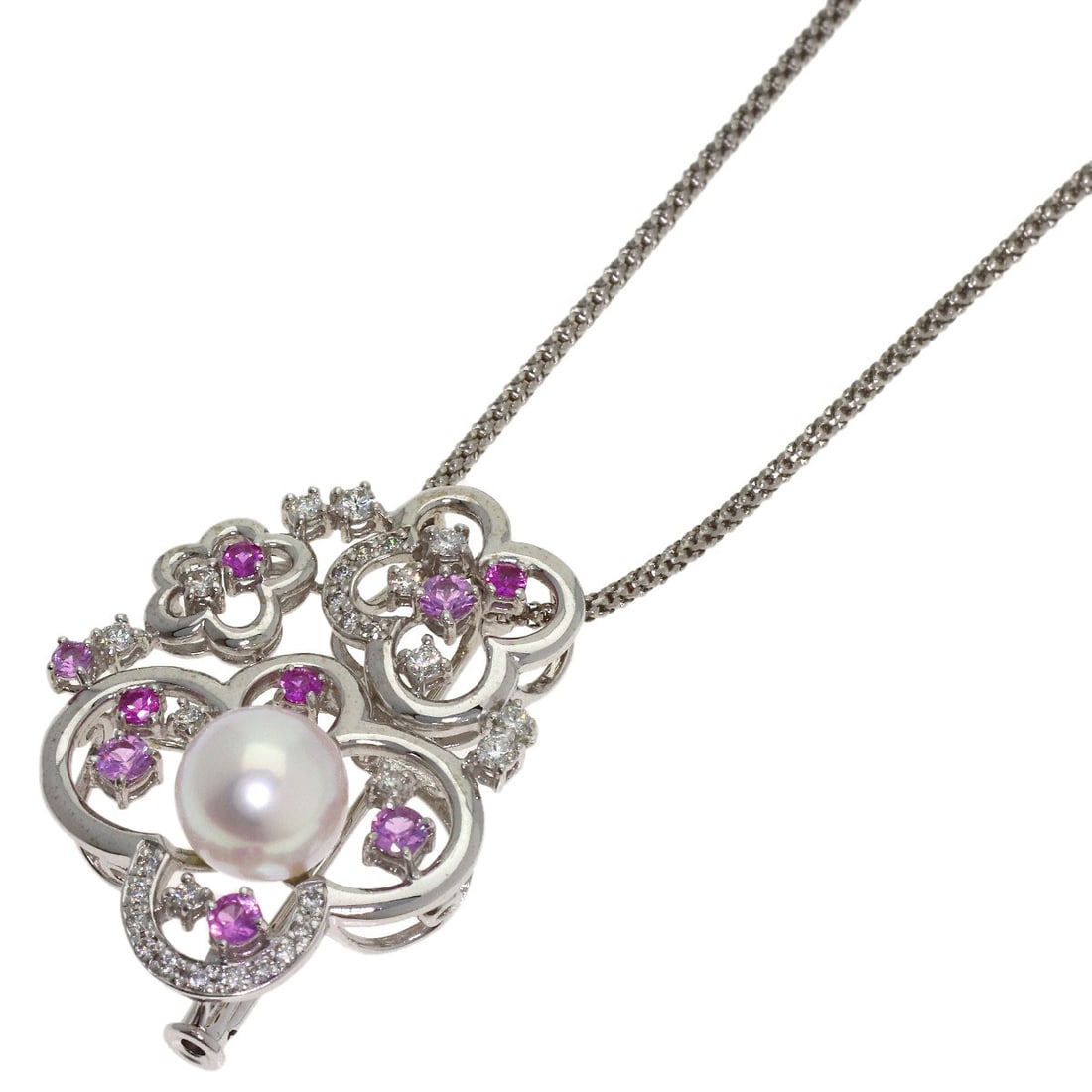 White Gold K18 10.9G K14Wg Akoya Pearl Diamond Necklace Pink Sapphire: White Gold K18 10.9G K14Wg Akoya Pearl Diamond Necklace Pink Sapphire K18 White Gold K14Wg Akoya Pearl Diamond Necklace showcases a stunning combination of elegance and sophistication. The necklace fe