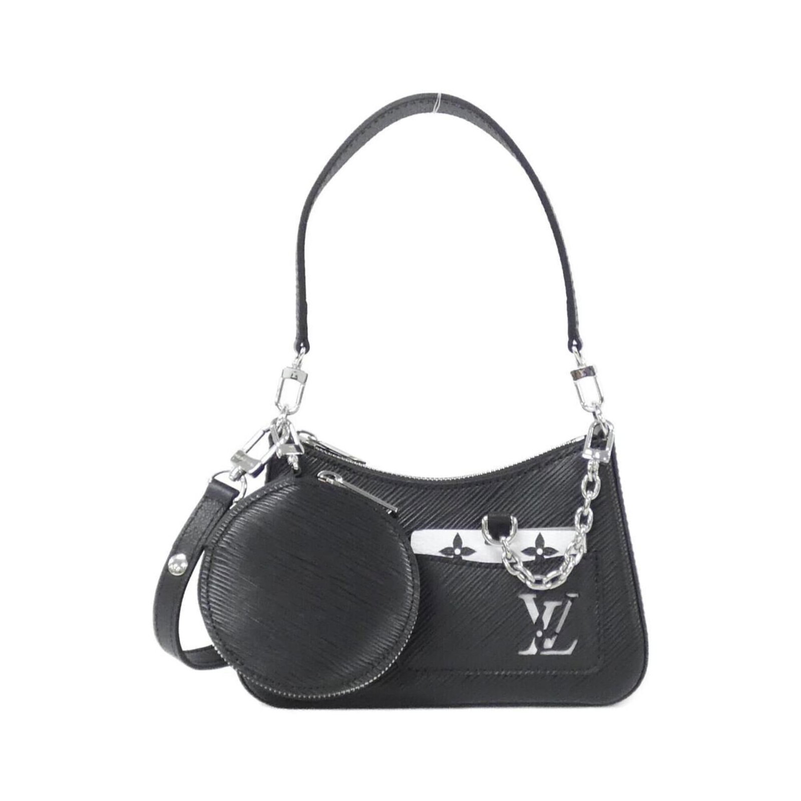 Shoulder Bag Leather Pouch Louis Vuitton: Shoulder Bag Leather Pouch Louis Vuitton Black leather calf pouch from Louis Vuitton, featuring silver hardware and a sleek, compact design. Measuring 14cm x 19cm x 7cm, this shoulder bag is a stylish