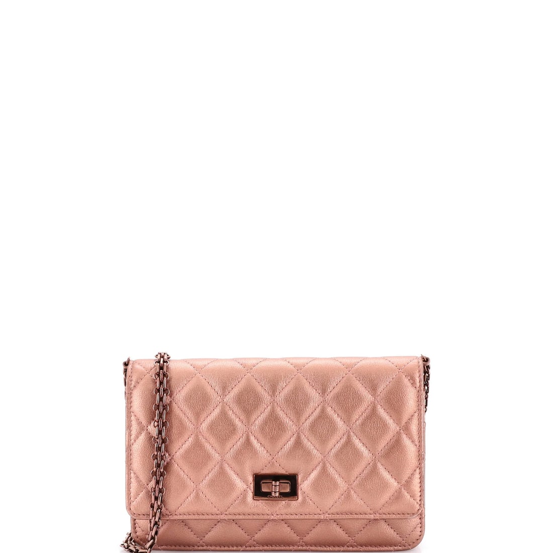 Metallic Calfskin Quilted Wallet Chain 2.55: Metallic Calfskin Quilted Wallet Chain 2.55 Pink quilted metallic calfskin exterior, a striking feature of this 2.55 wallet on chain by Chanel. The cross body design and rose gold hardware add a touch