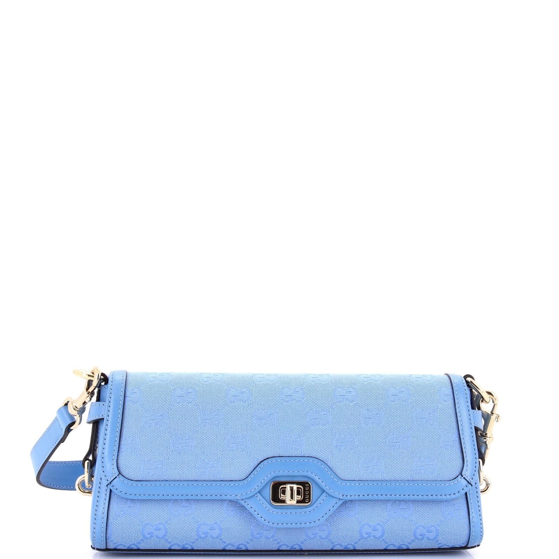 Gucci Small Canvas Luce Shoulder Bag: Gucci Small Canvas Luce Shoulder Bag The Gucci Small Canvas Luce Shoulder Bag boasts a striking blue canvas exterior with gold hardware, perfectly balanced by a crisp blue interior. Measuring 5" tall,
