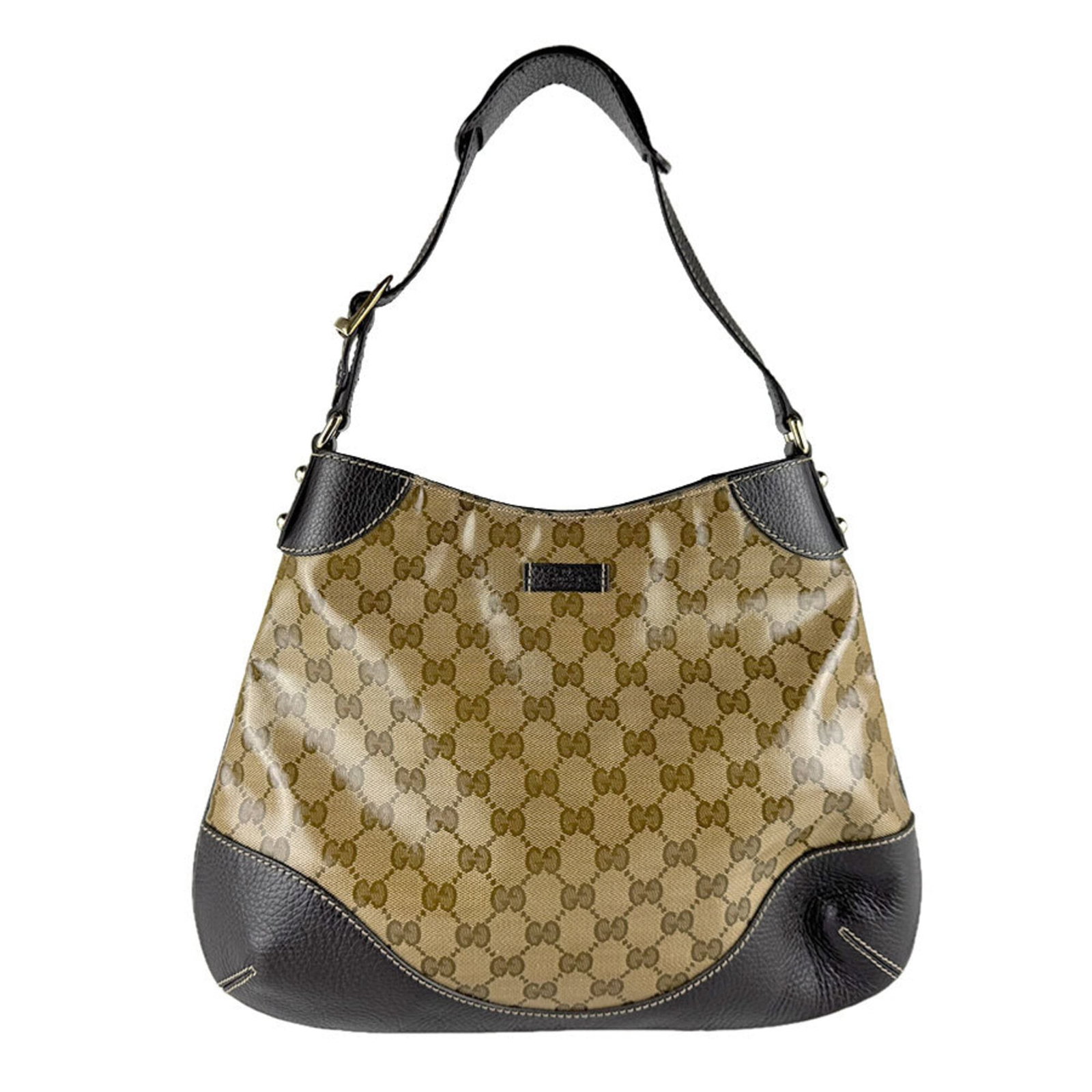 Canvas Leather Shoulder Bag Gucci: Canvas Leather Shoulder Bag Gucci Brown leather shoulder bag with coated canvas exterior, featuring a signature on the interior. Measuring 22cm x 33cm x 10cm, this Gucci bag is a stylish accessory