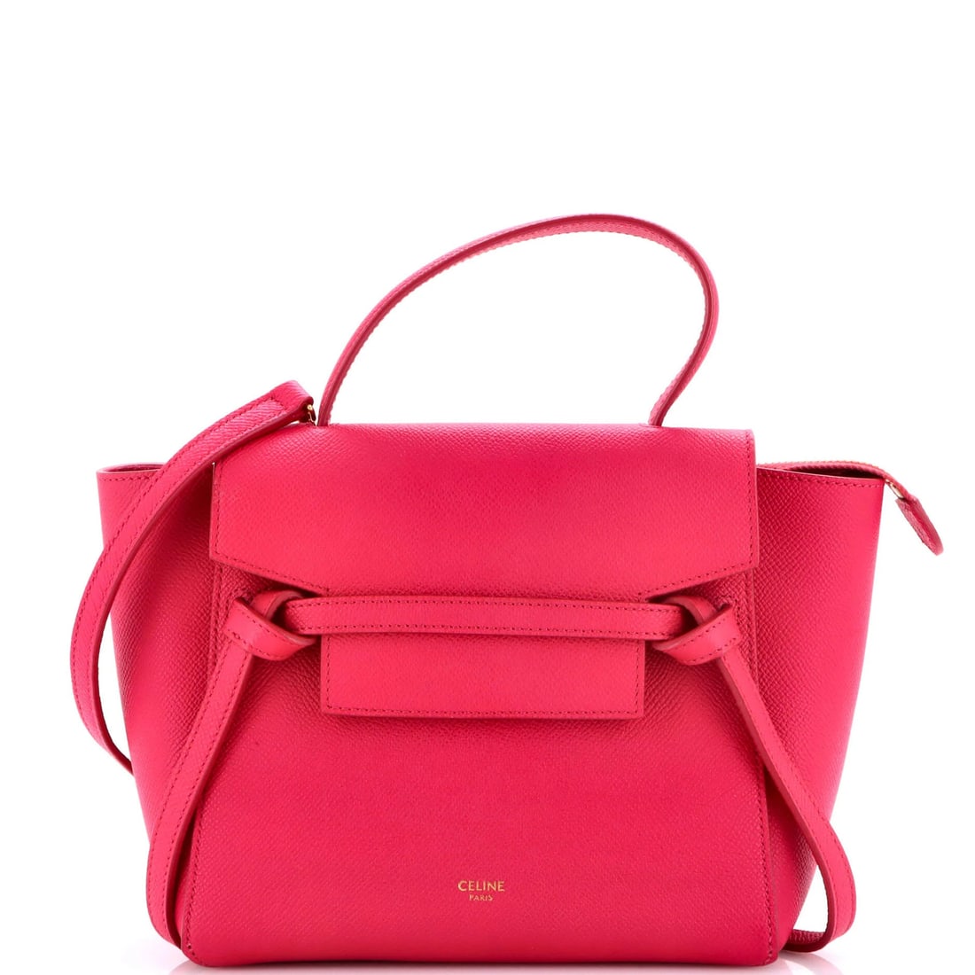 Nano Celine Belt Bag Textured Leather: Nano Celine Belt Bag Textured Leather The Celine Belt Bag Textured Leather is a stylish and versatile accessory featuring a textured leather exterior in a vibrant pink hue. Measuring 8" in height, 8" 