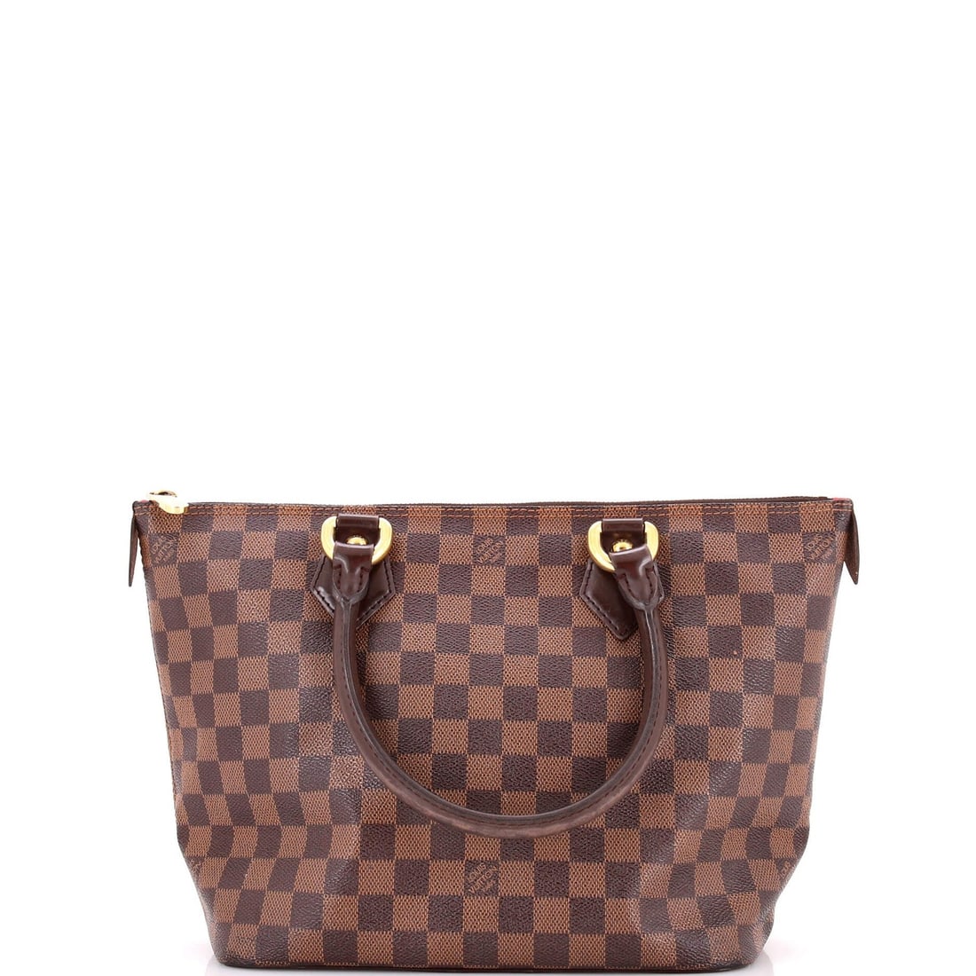 Damier PM Handbag Saleya Vuitton Louis: Damier PM Handbag Saleya Vuitton Louis Brown Damier PM Canvas Coated Louis Vuitton Saleya Vuitton Handbag with Microfiber Red Interior, featuring a classic totes design and gold hardware, measures