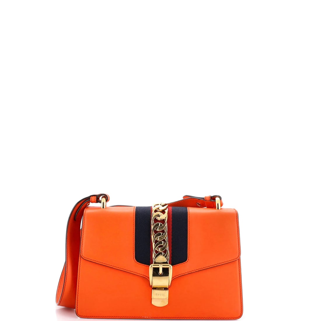 Sylvie Small Leather Shoulder Bag Gucci: Sylvie Small Leather Shoulder Bag Gucci The Gucci Sylvie Small Leather Shoulder Bag features a vibrant orange exterior made from high-quality leather, with a neutral microfiber interior. This stylish
