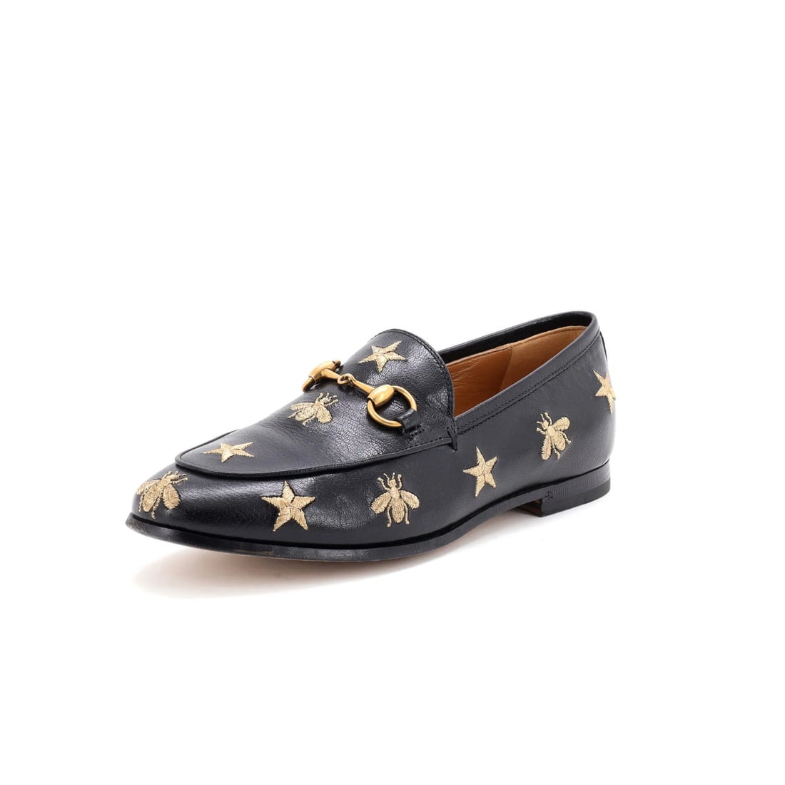 Gucci Women's Jordaan Loafers Embroidered Leather: Gucci Women's Jordaan Loafers Embroidered Leather Black Gucci Women's Jordaan Loafers Embroidered Leather feature a sleek design with gold accents and a rich brown interior. The shoes have a subtle