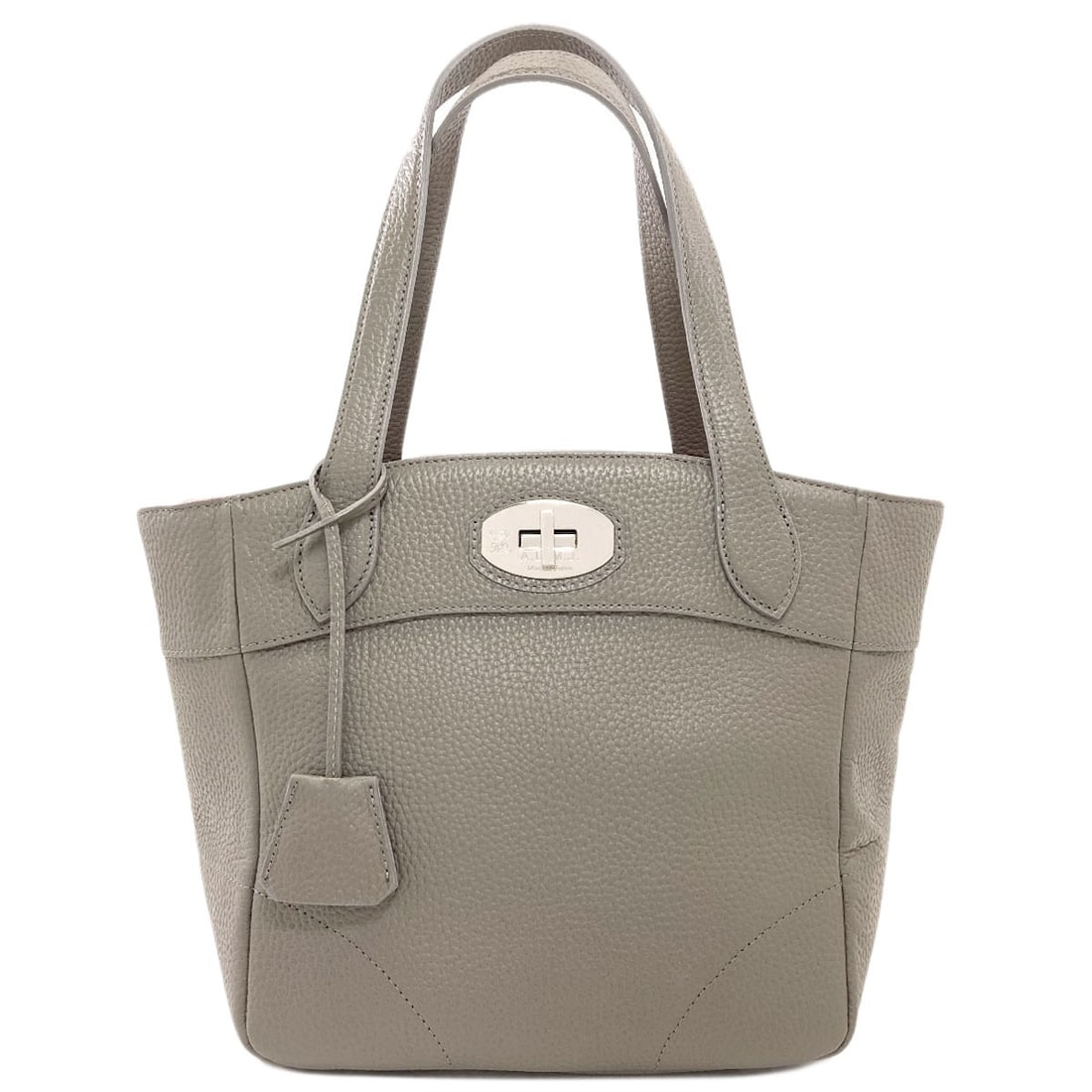 Leather Tote Bag Admj Logo: Leather Tote Bag Admj Logo Gray leather tote bag with the ADMJ logo. Made from high-quality leather, this bag features a classic design and a neutral gray color. The ADMJ logo adds a touch of