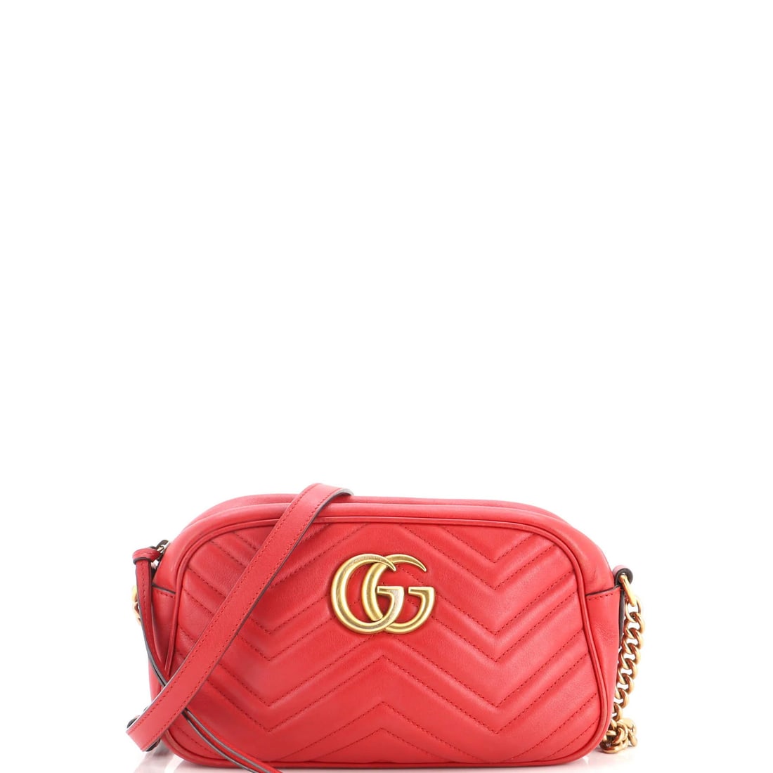 Gucci GG Marmont Shoulder Bag Matelasse Leather Small: Gucci GG Marmont Shoulder Bag Matelasse Leather Small Small Gucci GG Marmont Shoulder Bag in Matelasse Leather, featuring a classic cross body design with a bold red exterior. The bag measures 5" tall